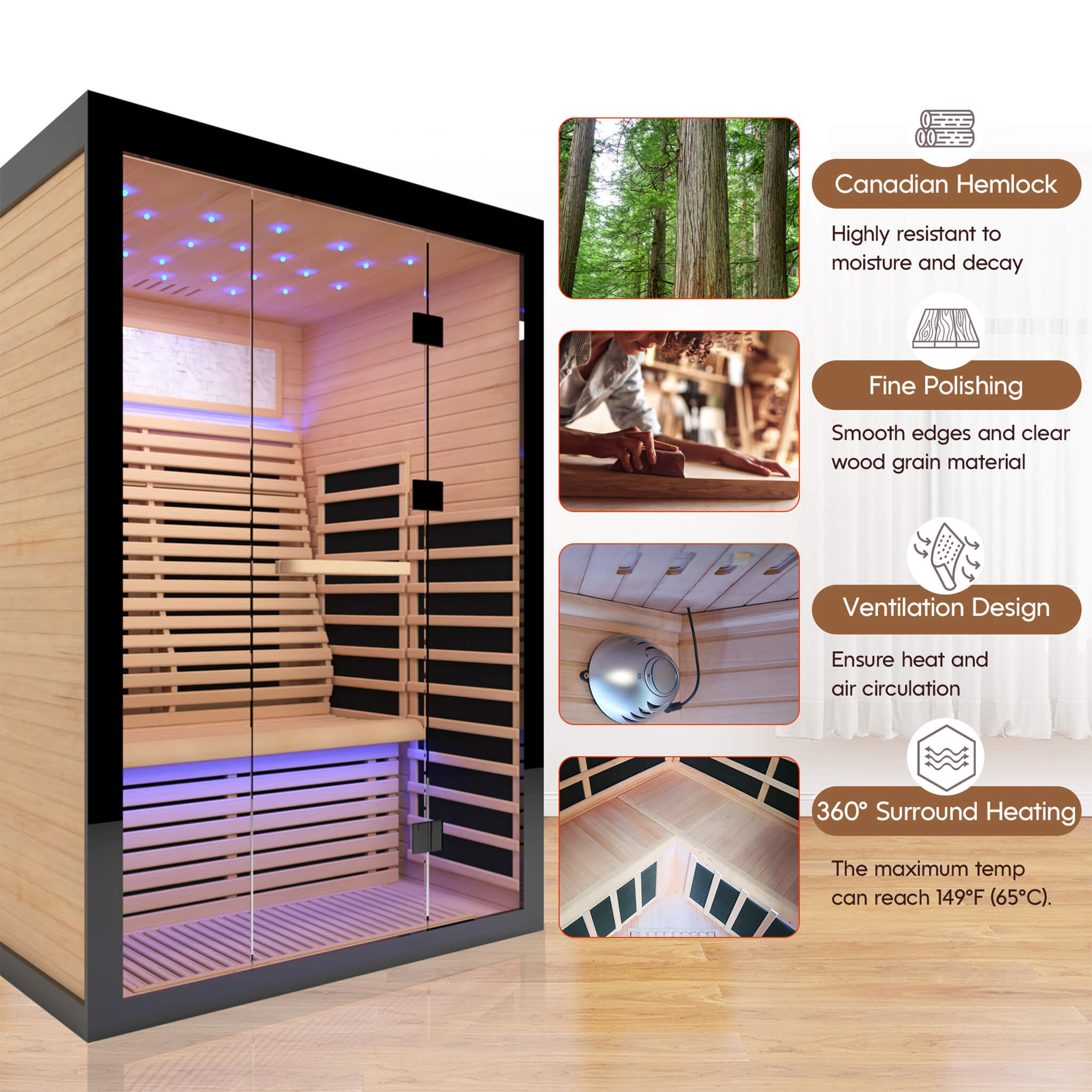 Luxury 2-Person Canadian Hemlock Wood Far Infrared Home Sauna (SAK02184) - Energize Trek