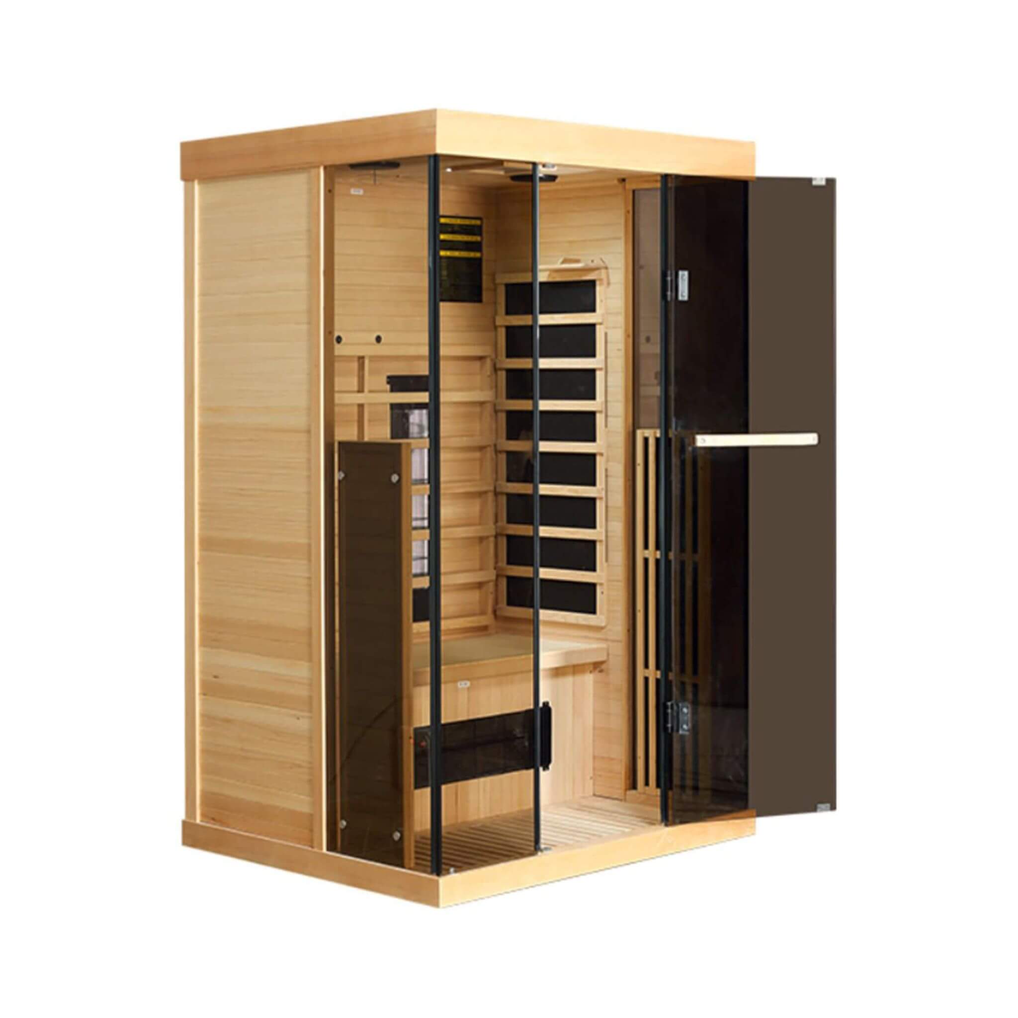 Luxury 2-Person Low EMF FAR Infrared Heat Wood Home Personal Spa Sauna W/ Panoramic Tempered Glass, 2000W (SAK27481) - Energize Trek