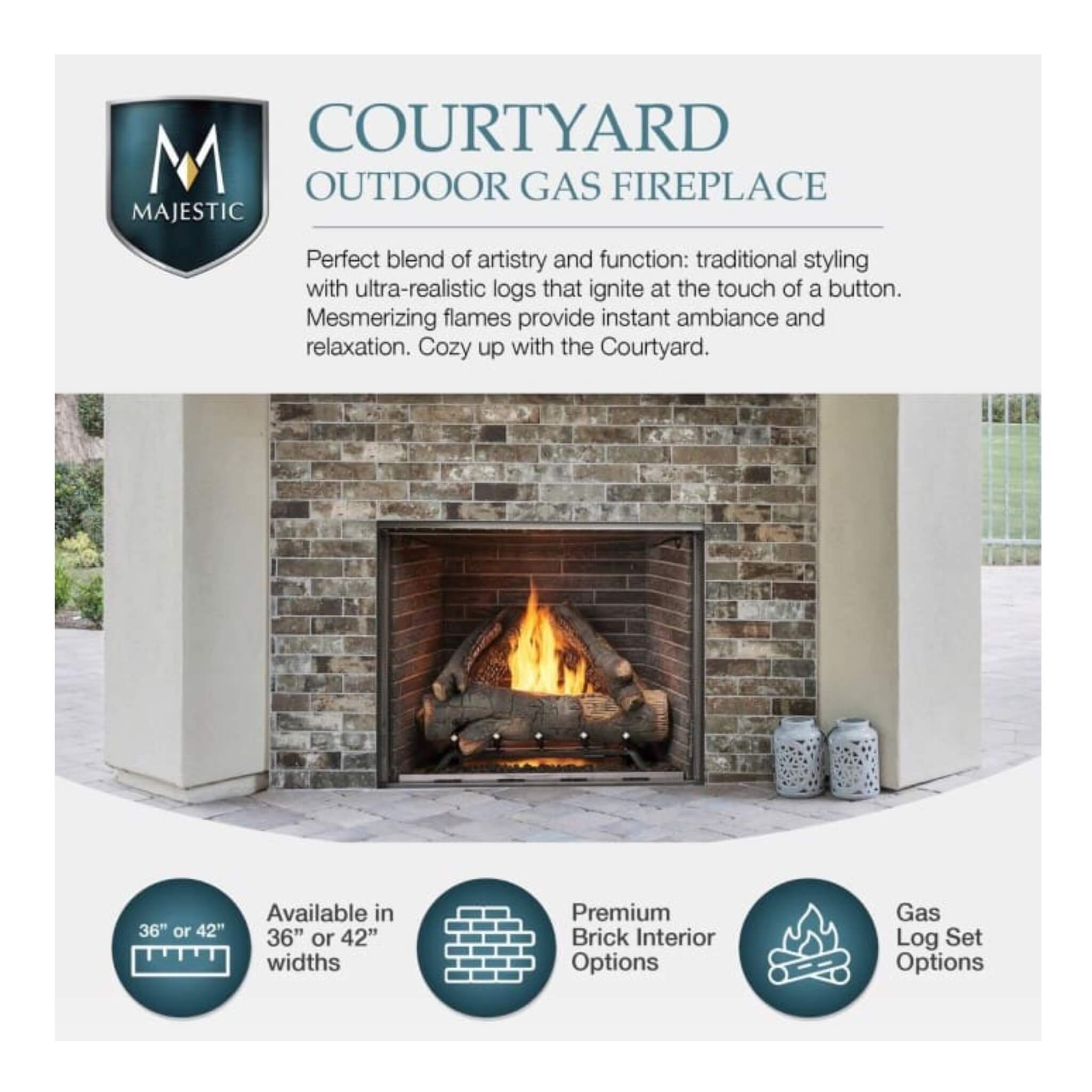 Majestic Courtyard 55K BTU 42" Traditional Outdoor Gas Fireplace With Stacked Concrete Refractory [ODCOUG-42TS] (SAK75312) - Energize Trek