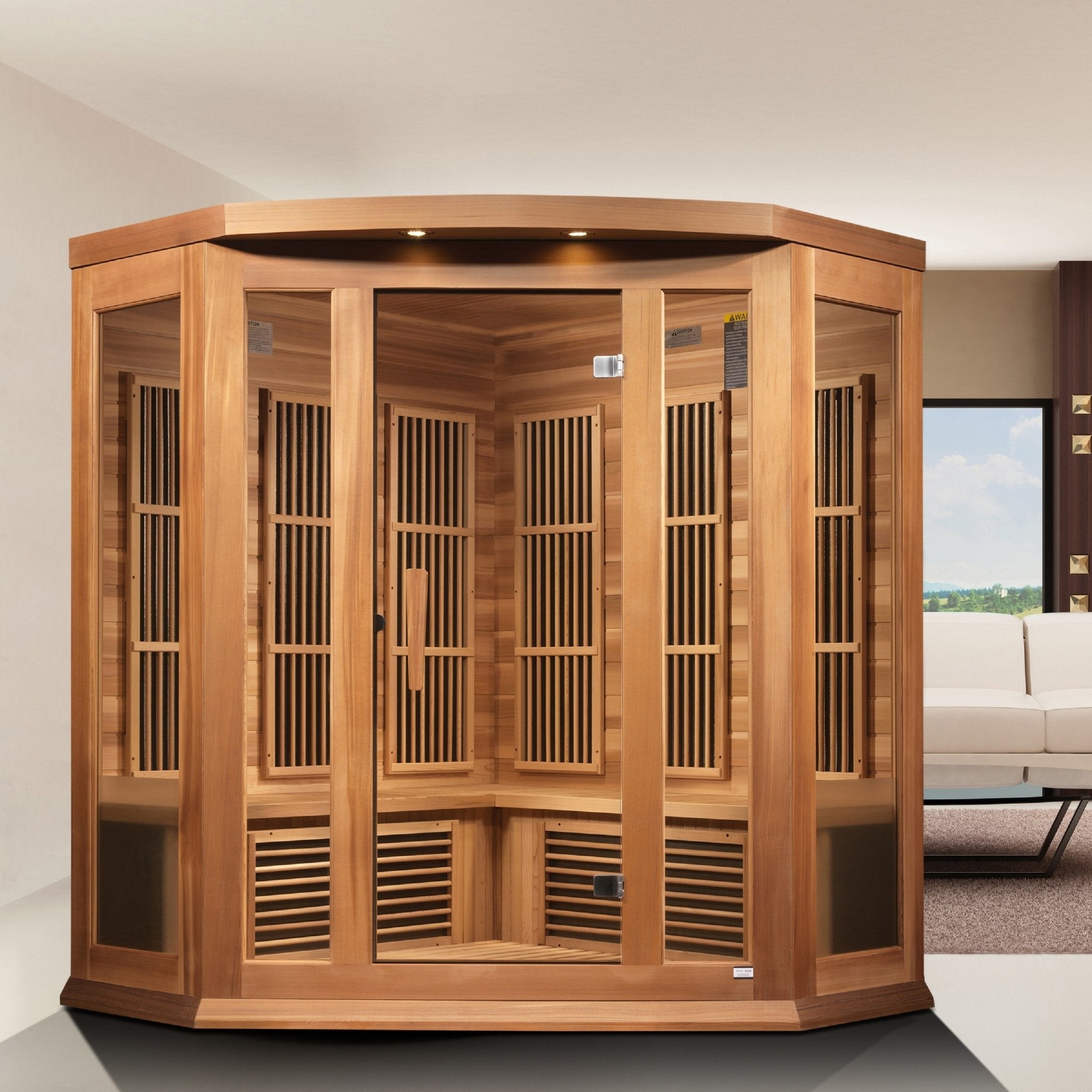 Maxxus 3-Person Corner Low EMF FAR Infrared Sauna – Canadian Hemlock - Energize Trek