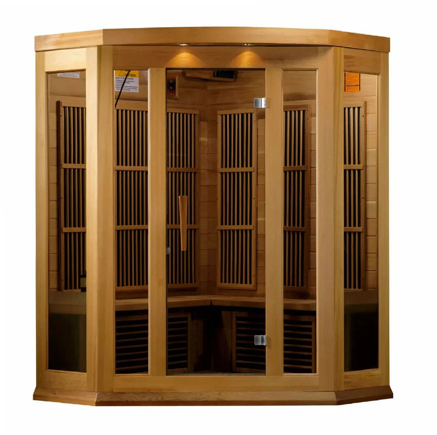 Maxxus 3-Person Corner Near Zero EMF FAR Infrared Sauna – Canadian Hemlock - Energize Trek