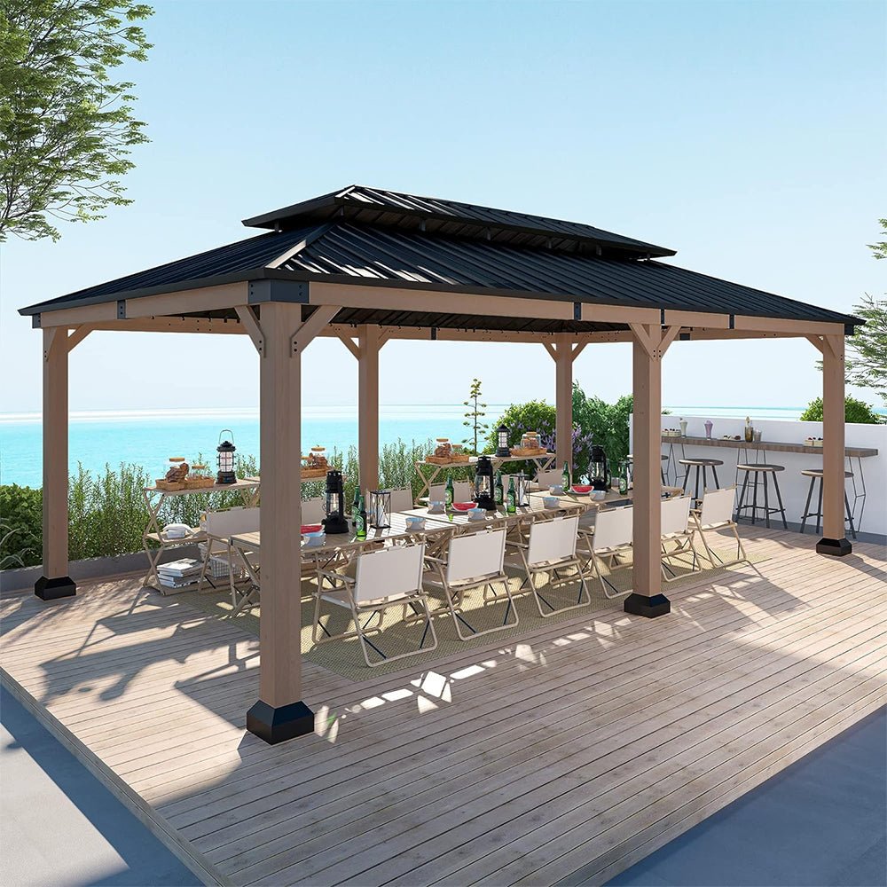 [12x20FT] Heavy Duty Backyard Cedar Wood Steel Hardtop Double Roof Gazebo Canopy (95726813) - Energize Trek