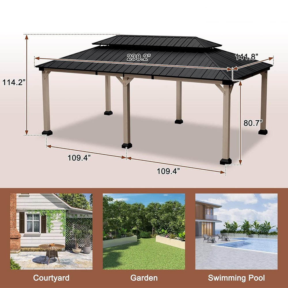 [12x20FT] Heavy Duty Backyard Cedar Wood Steel Hardtop Double Roof Gazebo Canopy (95726813) - Energize Trek