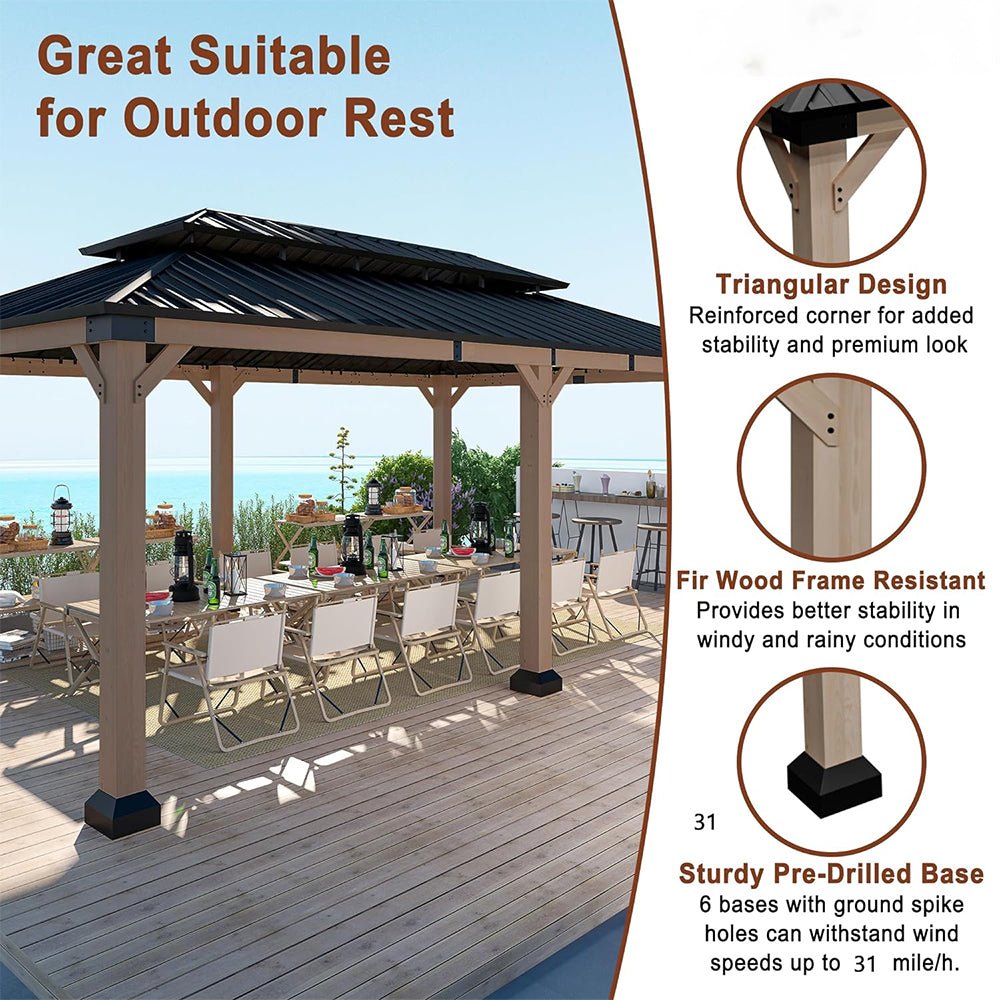 [12x20FT] Heavy Duty Backyard Cedar Wood Steel Hardtop Double Roof Gazebo Canopy (95726813) - Energize Trek