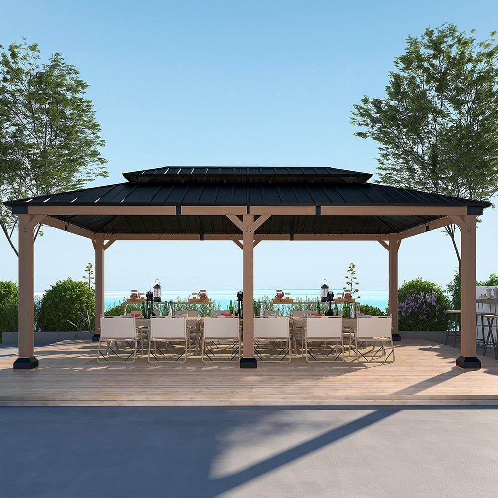 [12x20FT] Heavy Duty Backyard Cedar Wood Steel Hardtop Double Roof Gazebo Canopy (95726813) - Energize Trek