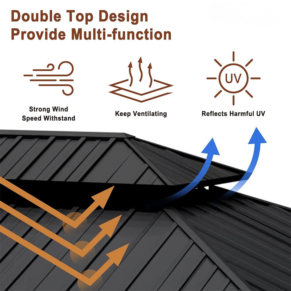 [12x20FT] Heavy Duty Backyard Cedar Wood Steel Hardtop Double Roof Gazebo Canopy (95726813) - Energize Trek