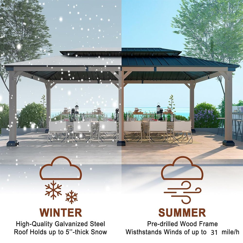 [12x20FT] Heavy Duty Backyard Cedar Wood Steel Hardtop Double Roof Gazebo Canopy (95726813) - Energize Trek