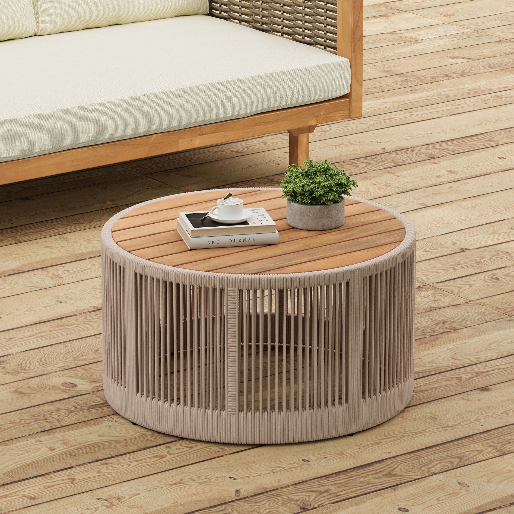 Modern Rustic Coffee Table & Side Table With Woven Rope Design (SAK56739) - Energize Trek