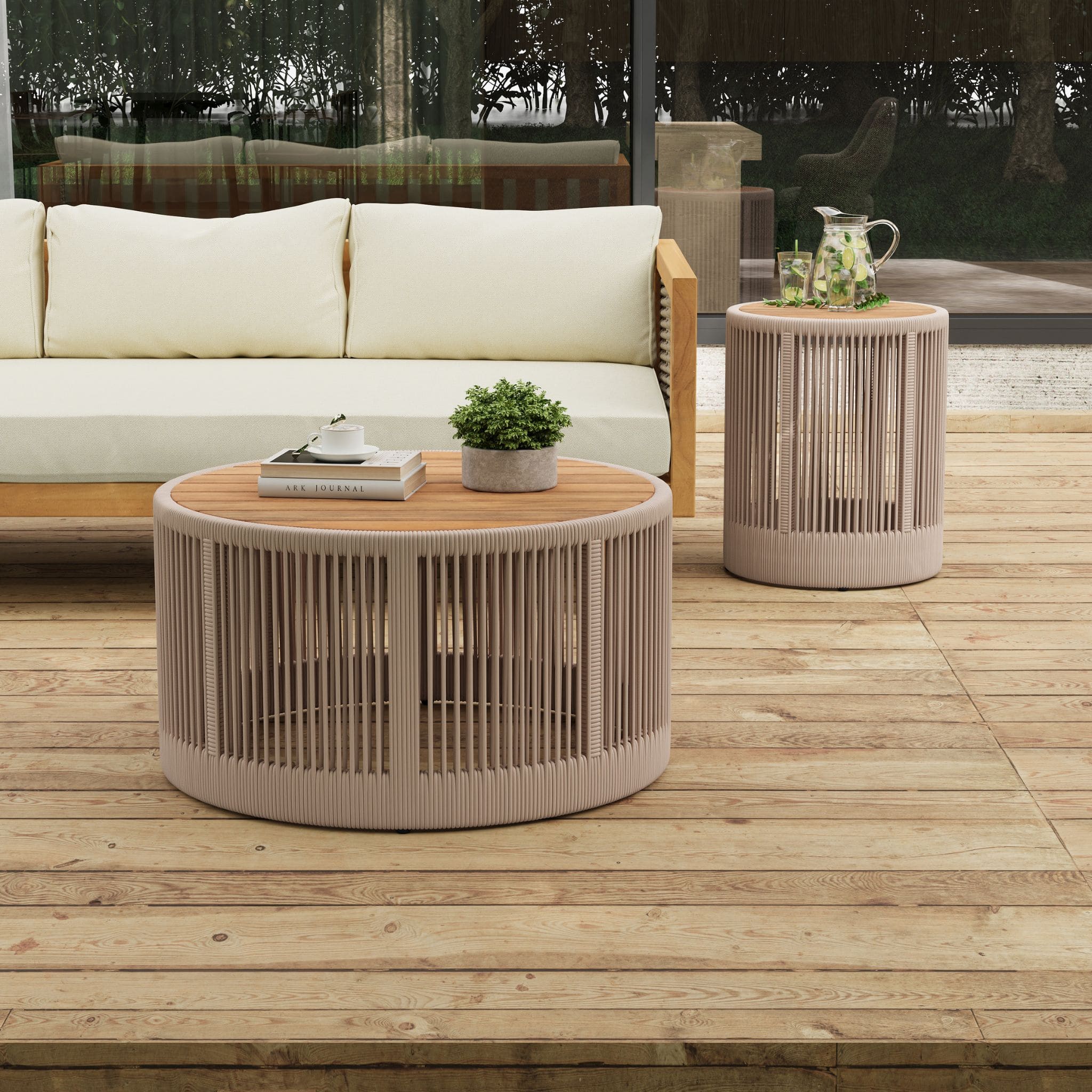 Modern Rustic Coffee Table & Side Table With Woven Rope Design (SAK56739) - Energize Trek