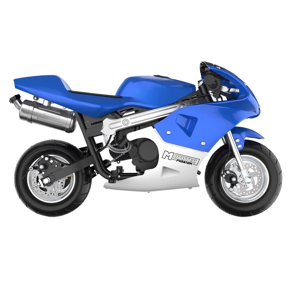 MotoTec Phantom 49CC Two-Stroke Gas Pocket Bike, Blue (96421375) - Energize Trek