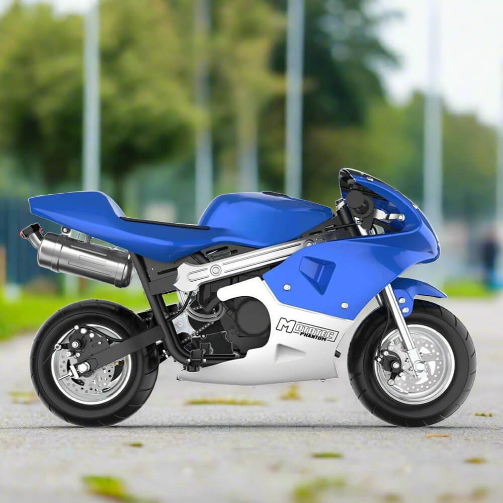 MotoTec Phantom 49CC Two-Stroke Gas Pocket Bike, Blue (96421375) - Energize Trek