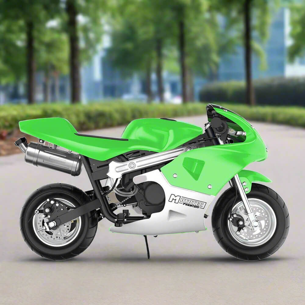 MotoTec Phantom 49CC Two-Stroke Gas Pocket Bike, Green (92461375) - Energize Trek