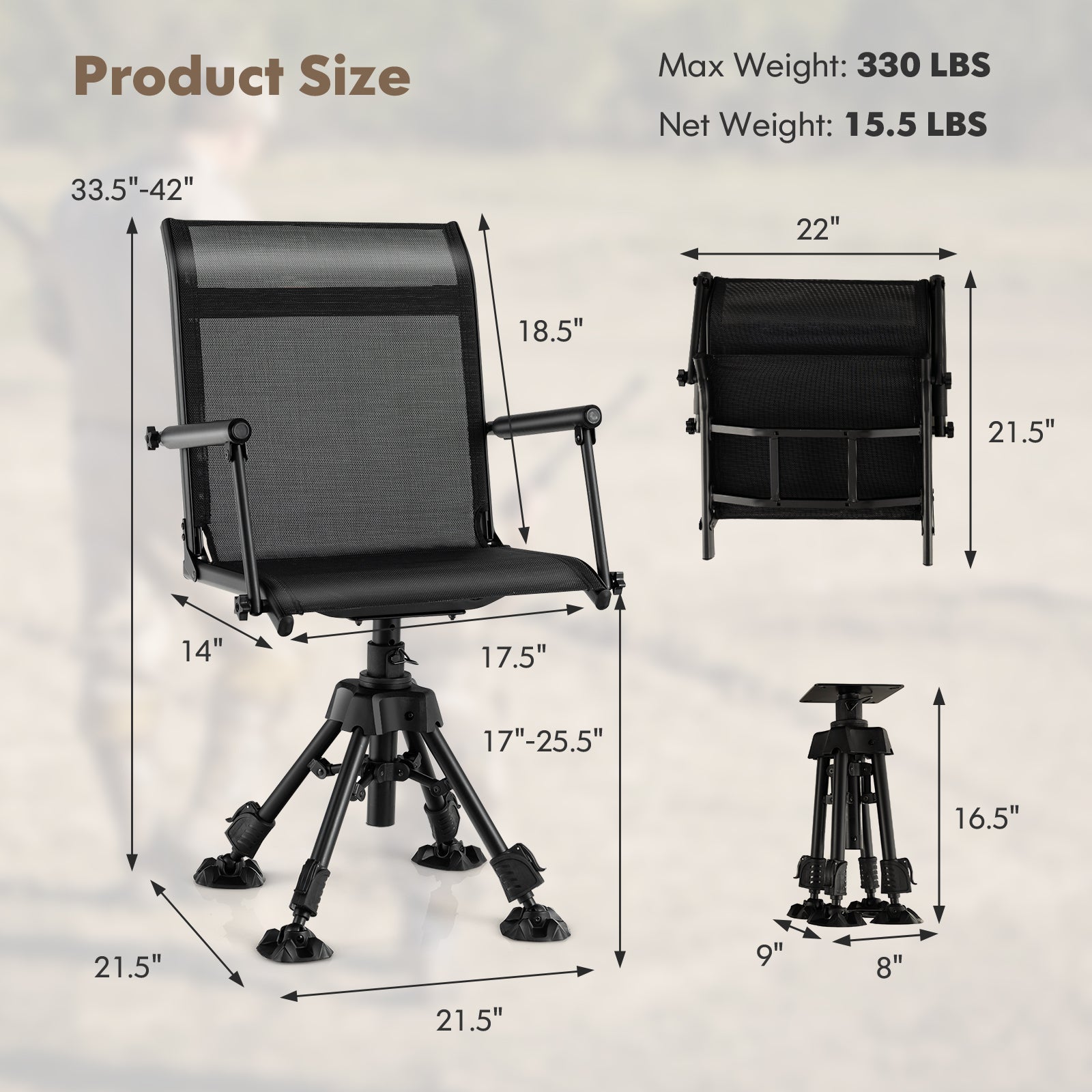 Folding Swivel Patio Chair with 4 Adjustable Leg