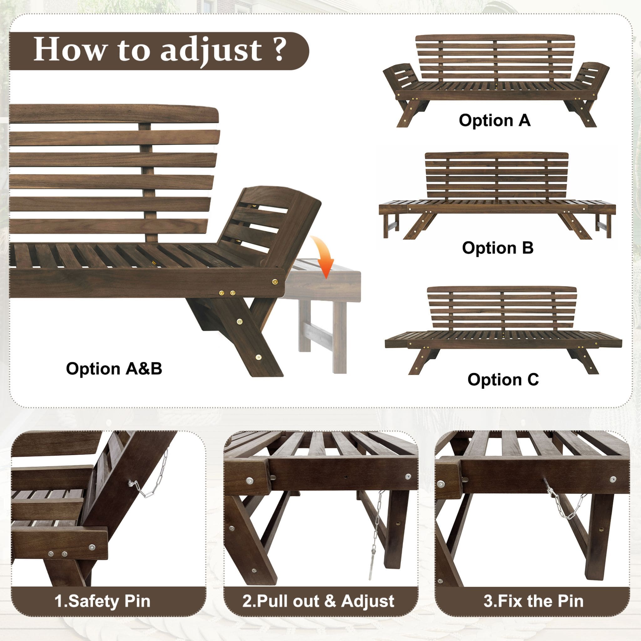 Outdoor Adjustable Wooden Patio Daybed Sofa With Cushions (SAK41345) - Energize Trek