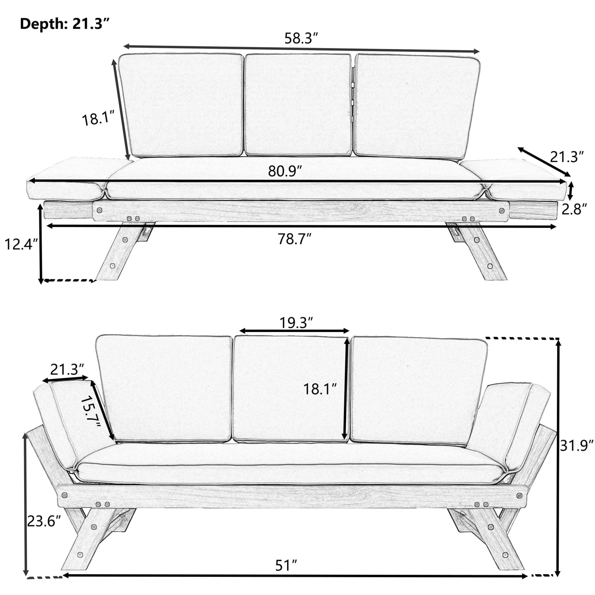 Outdoor Adjustable Wooden Patio Daybed Sofa With Cushions (SAK41345) - Energize Trek