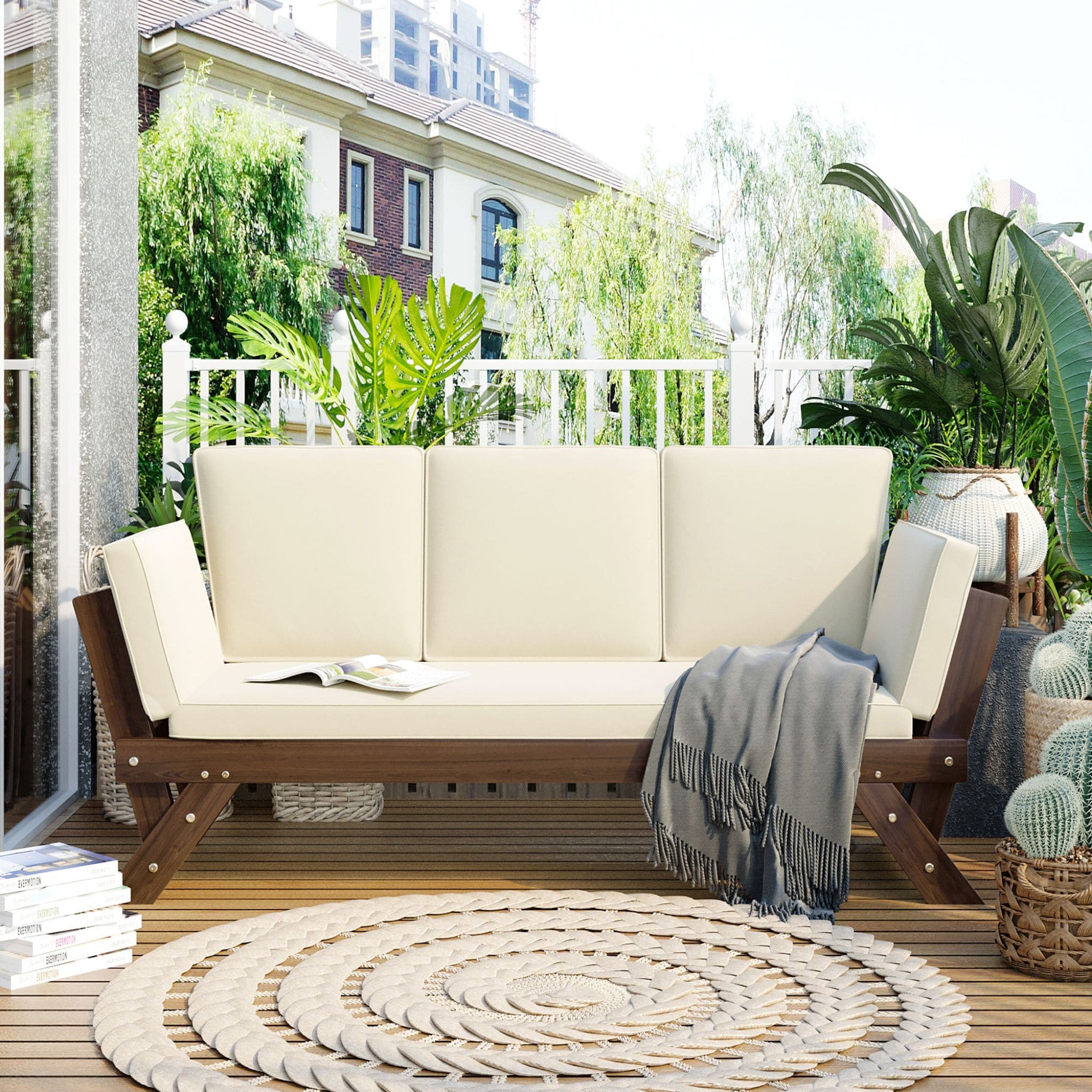 Outdoor Adjustable Wooden Patio Daybed Sofa With Cushions (SAK41345) - Energize Trek