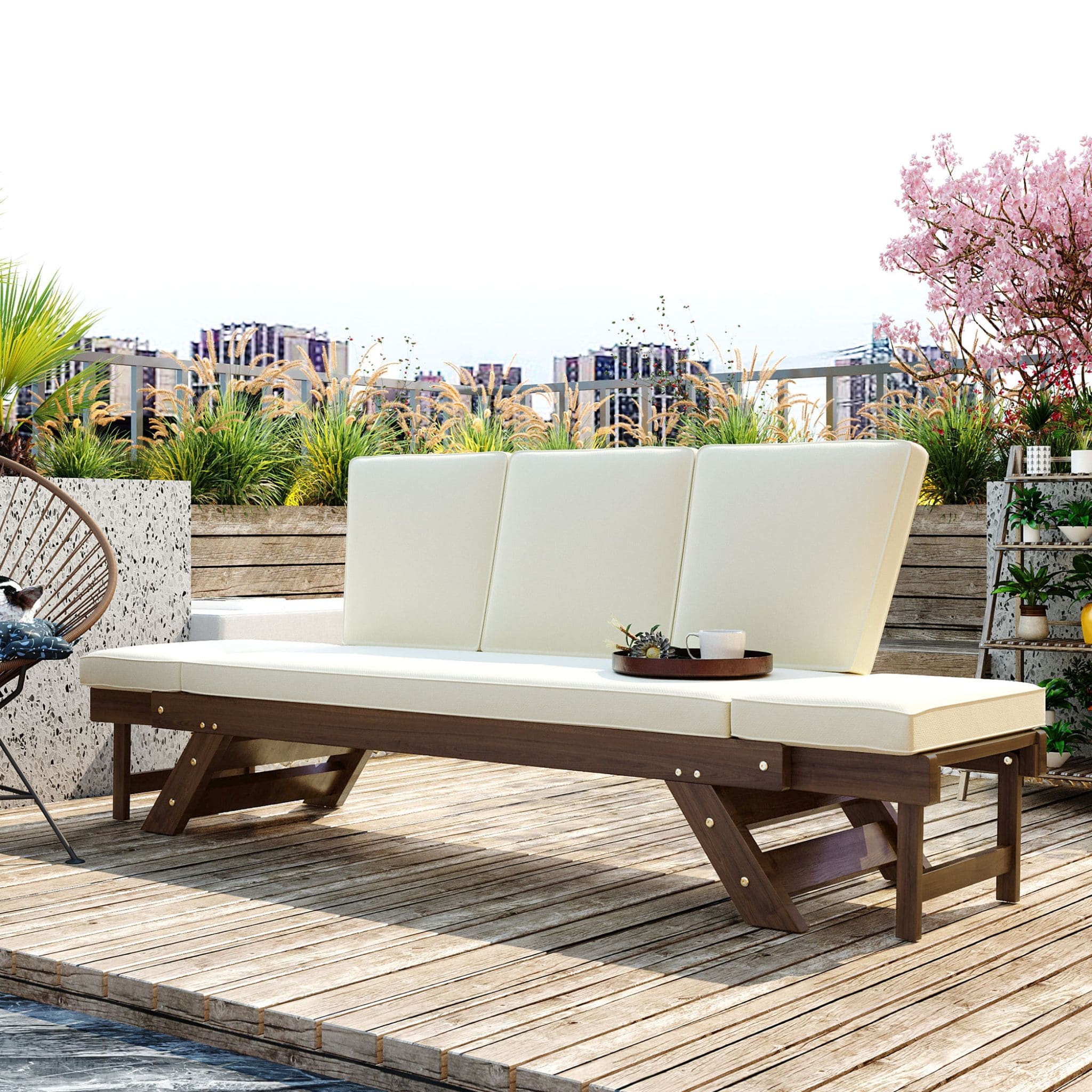 Outdoor Adjustable Wooden Patio Daybed Sofa With Cushions (SAK41345) - Energize Trek