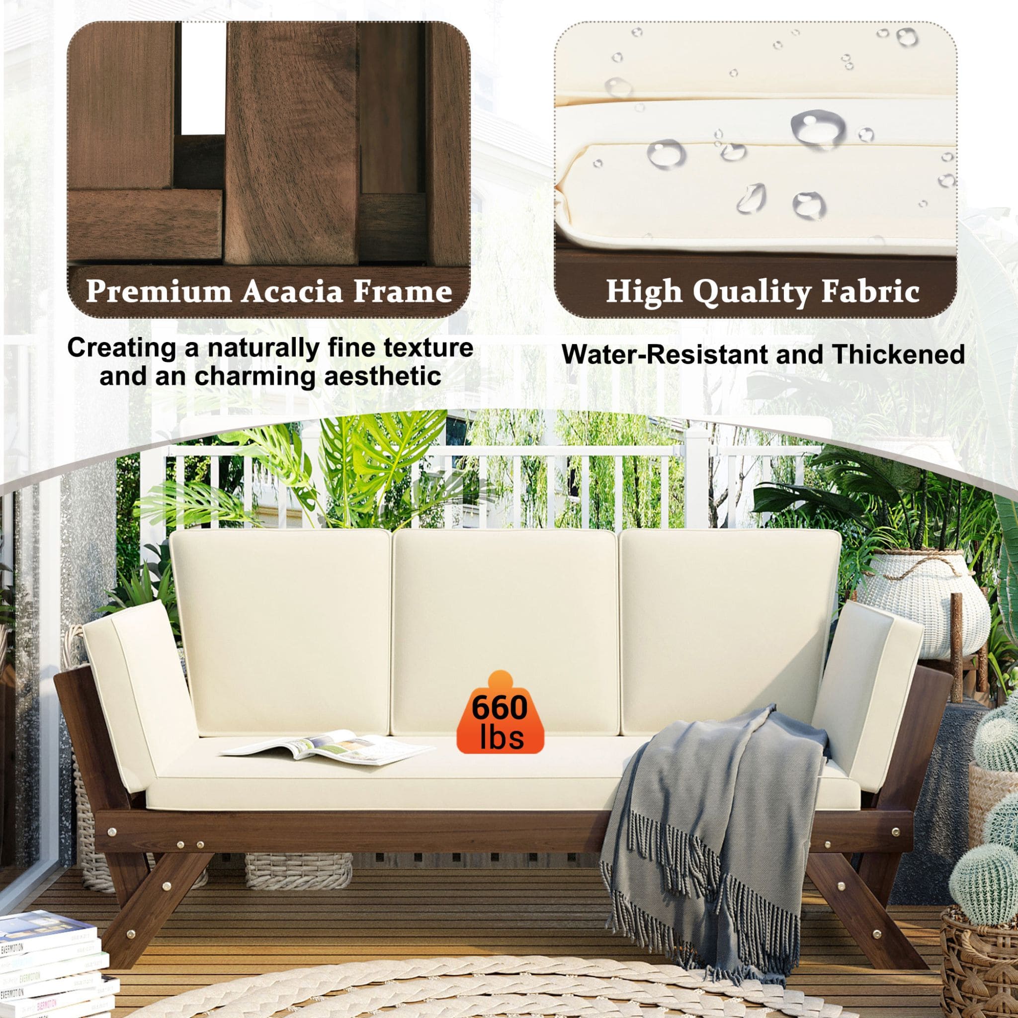 Outdoor Adjustable Wooden Patio Daybed Sofa With Cushions (SAK41345) - Energize Trek