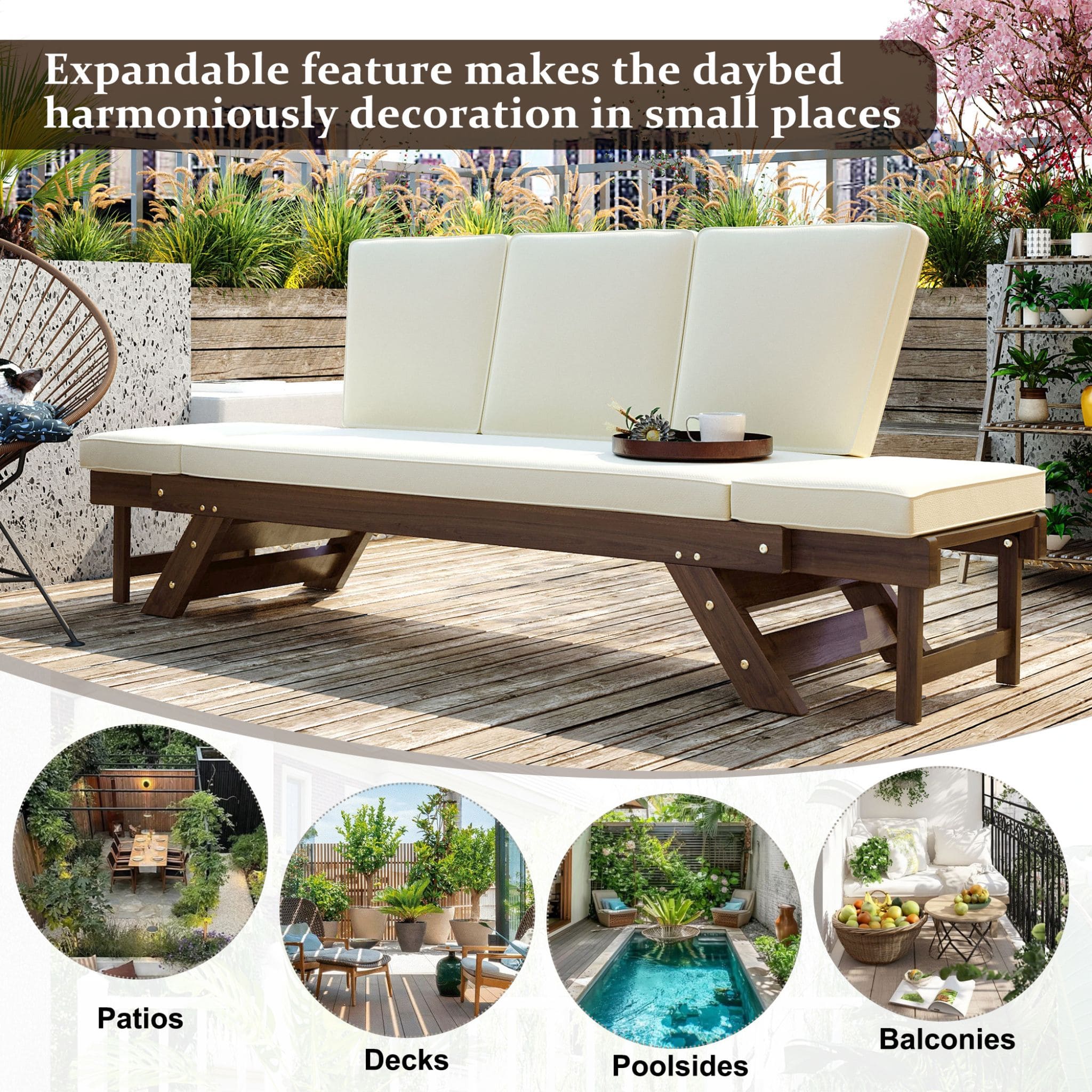 Outdoor Adjustable Wooden Patio Daybed Sofa With Cushions (SAK41345) - Energize Trek