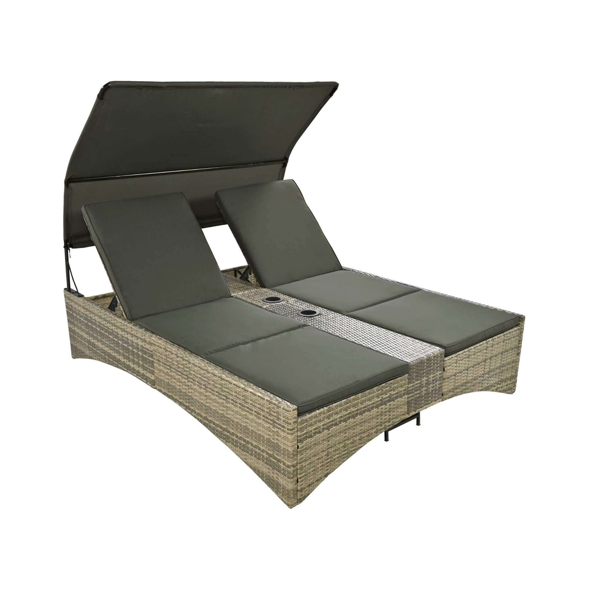 Outdoor Rattan Patio Daybed With Adjustable Backrest, Canopy Roof, Storage Box And Cup Holders (SAK54220) - Energize Trek