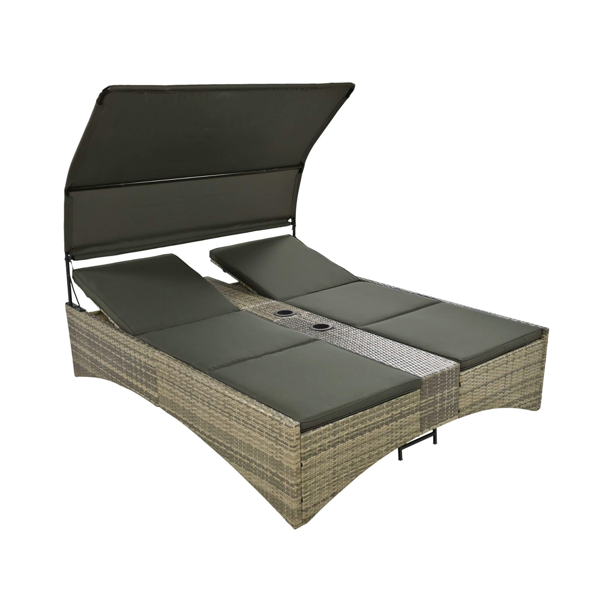 Outdoor Rattan Patio Daybed With Adjustable Backrest, Canopy Roof, Storage Box And Cup Holders (SAK54220) - Energize Trek