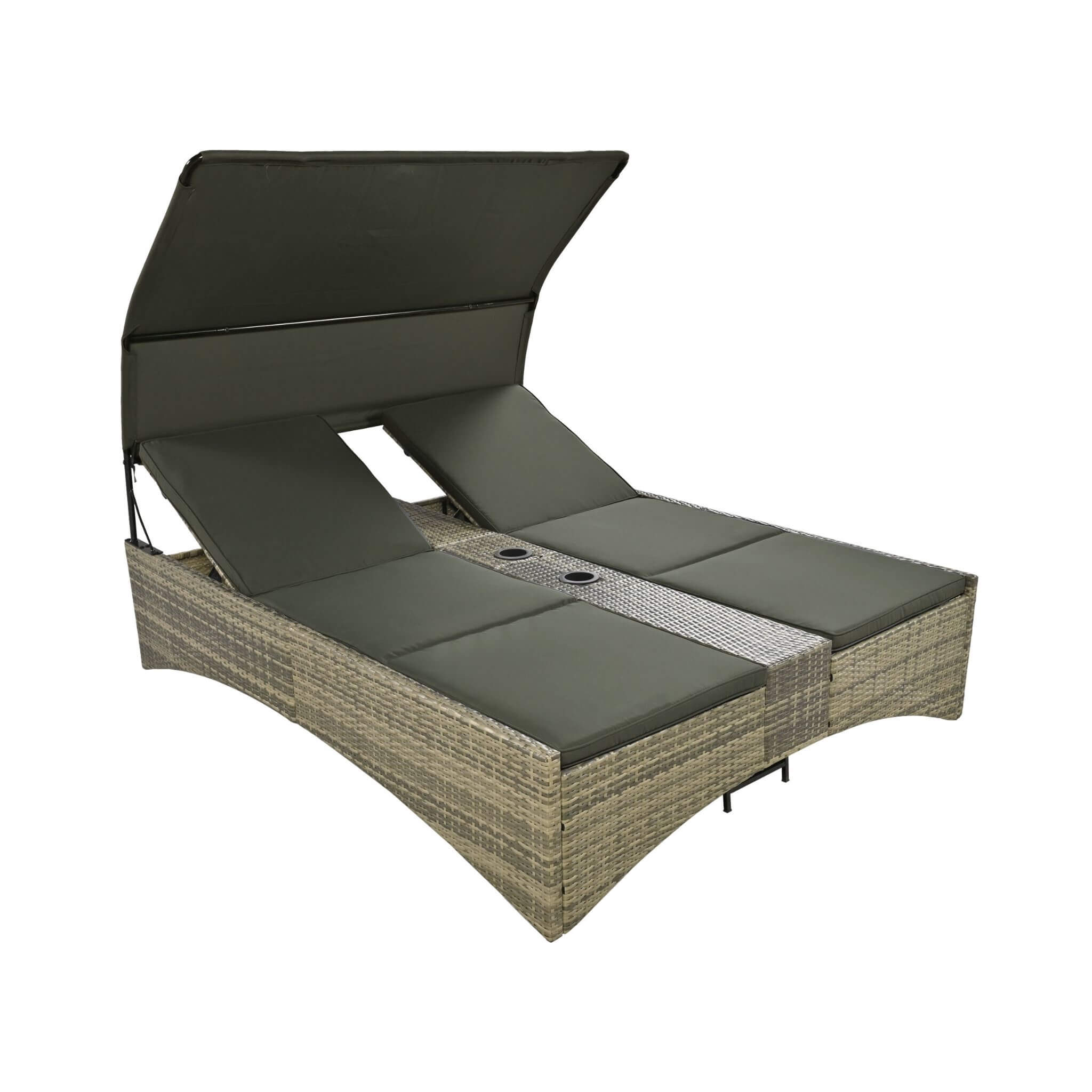 Outdoor Rattan Patio Daybed With Adjustable Backrest, Canopy Roof, Storage Box And Cup Holders (SAK54220) - Energize Trek