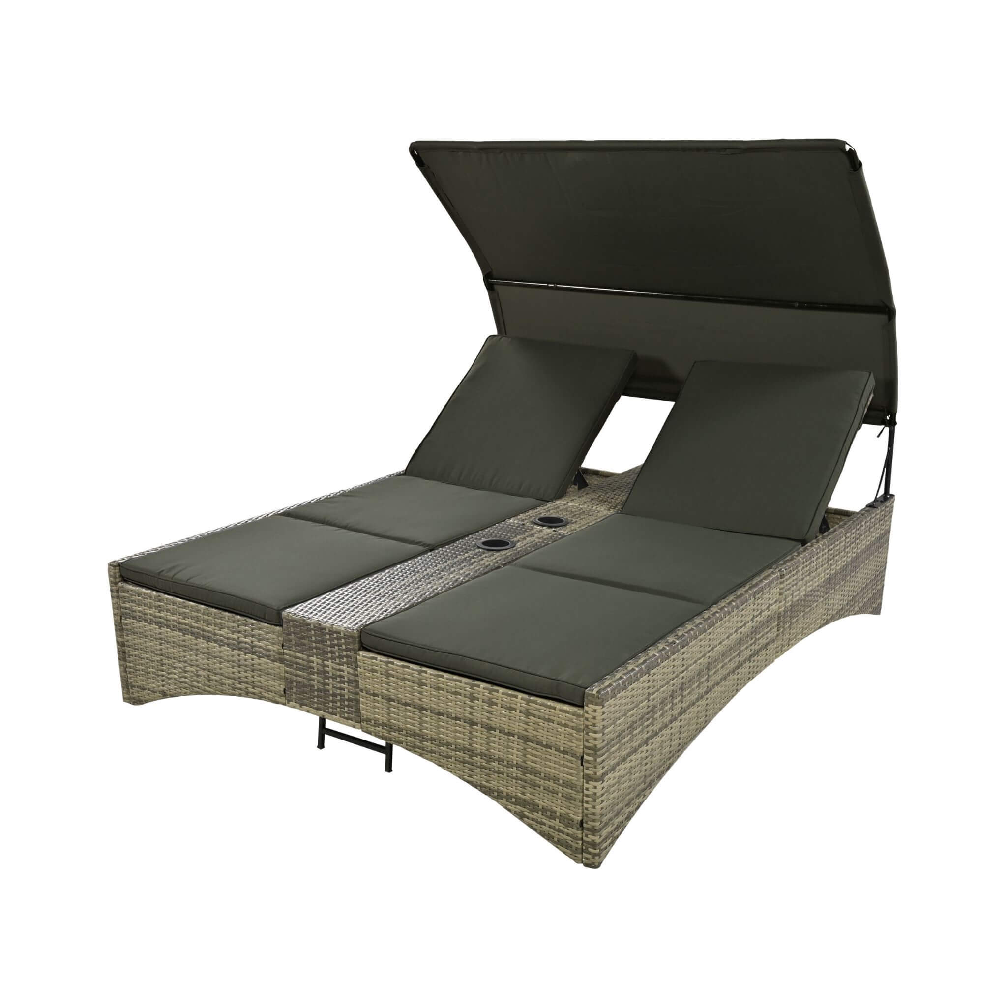 Outdoor Rattan Patio Daybed With Adjustable Backrest, Canopy Roof, Storage Box And Cup Holders (SAK54220) - Energize Trek