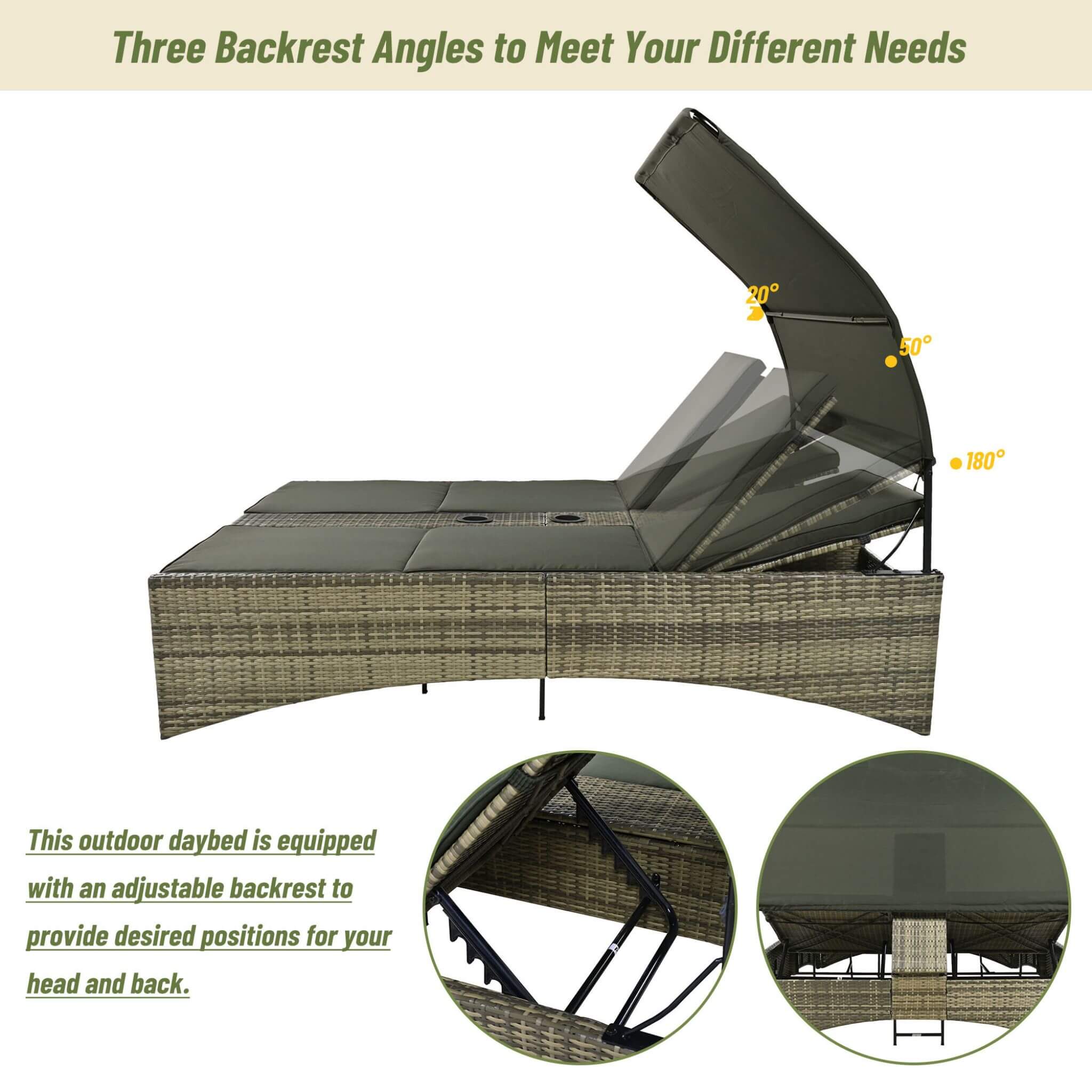 Outdoor Rattan Patio Daybed With Adjustable Backrest, Canopy Roof, Storage Box And Cup Holders (SAK54220) - Energize Trek