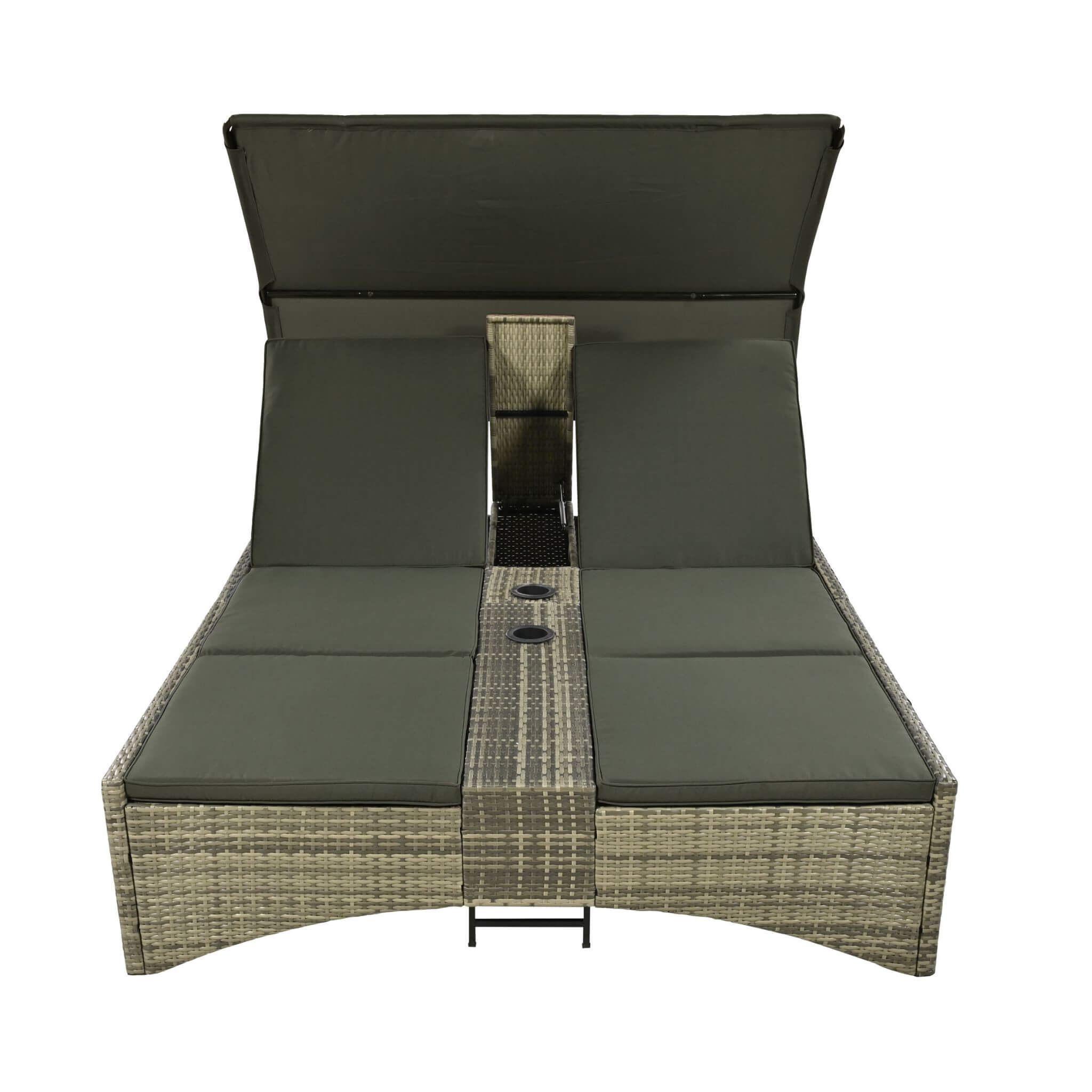 Outdoor Rattan Patio Daybed With Adjustable Backrest, Canopy Roof, Storage Box And Cup Holders (SAK54220) - Energize Trek