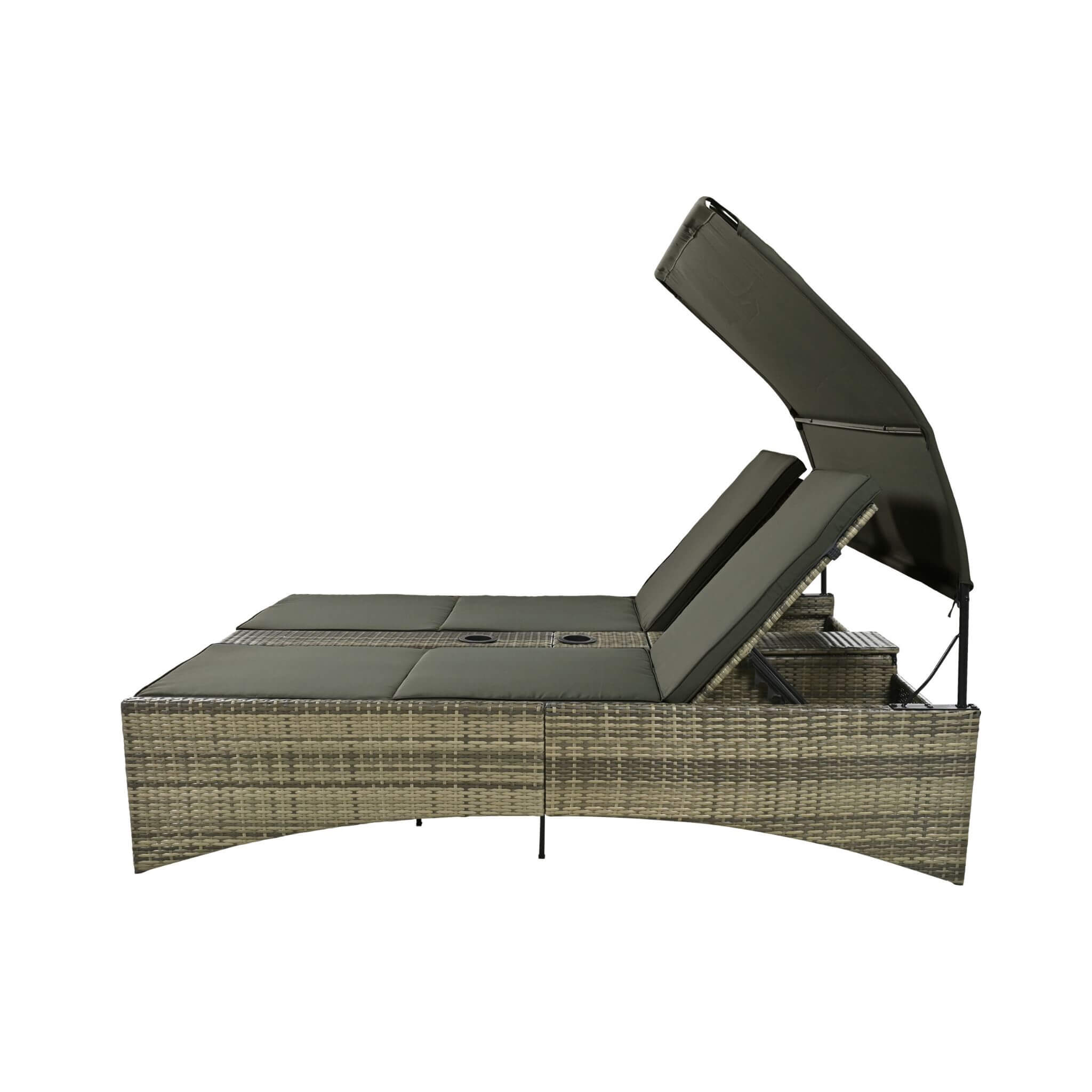 Outdoor Rattan Patio Daybed With Adjustable Backrest, Canopy Roof, Storage Box And Cup Holders (SAK54220) - Energize Trek