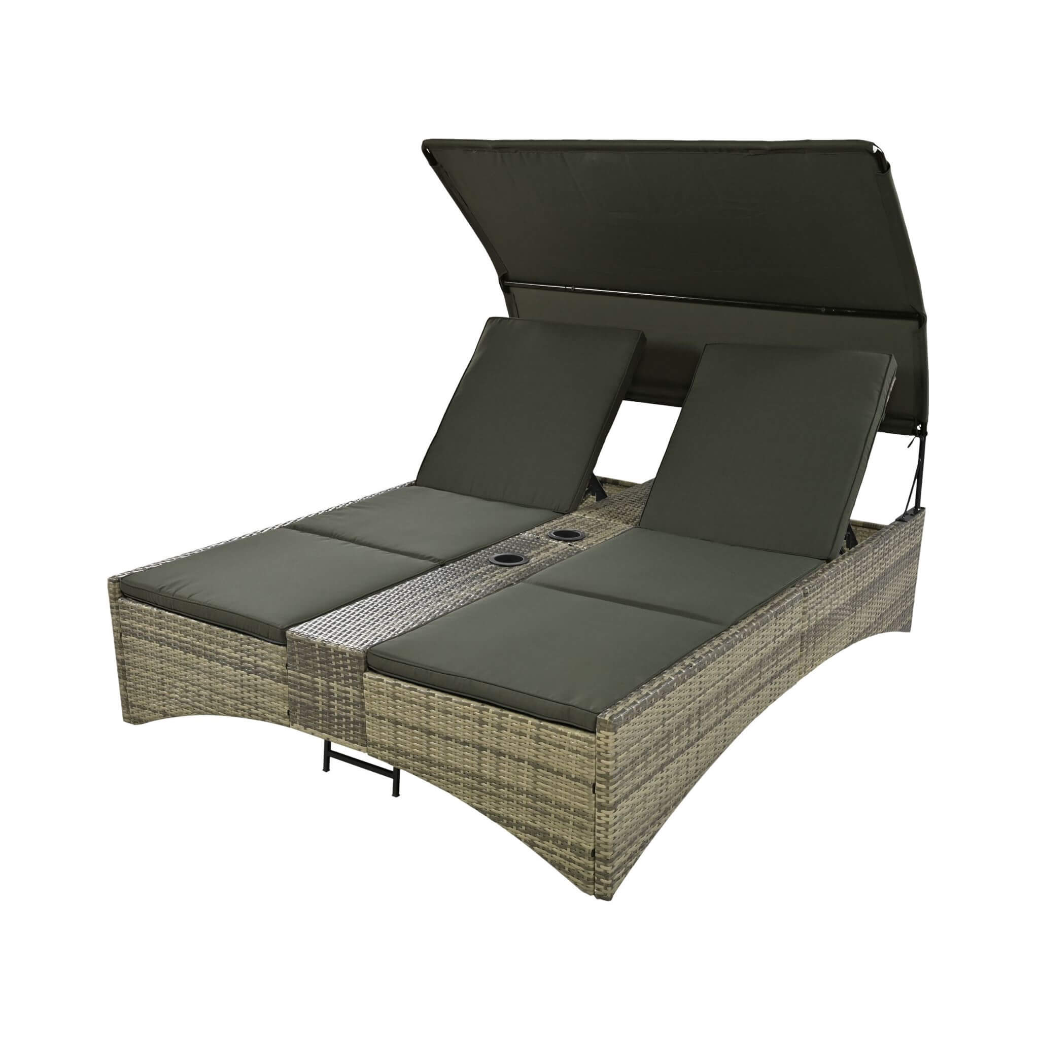 Outdoor Rattan Patio Daybed With Adjustable Backrest, Canopy Roof, Storage Box And Cup Holders (SAK54220) - Energize Trek