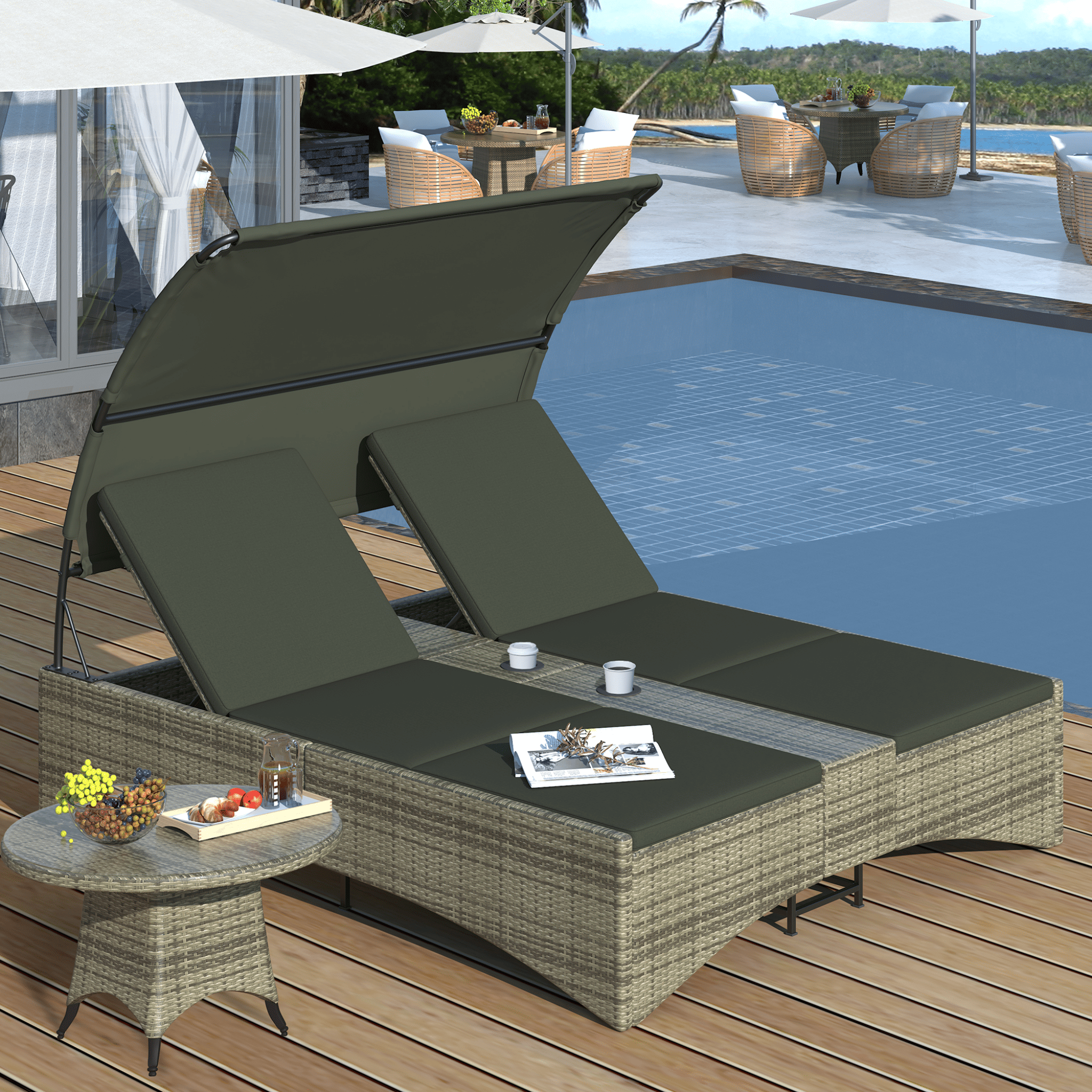 Outdoor Rattan Patio Daybed With Adjustable Backrest, Canopy Roof, Storage Box And Cup Holders (SAK54220) - Energize Trek