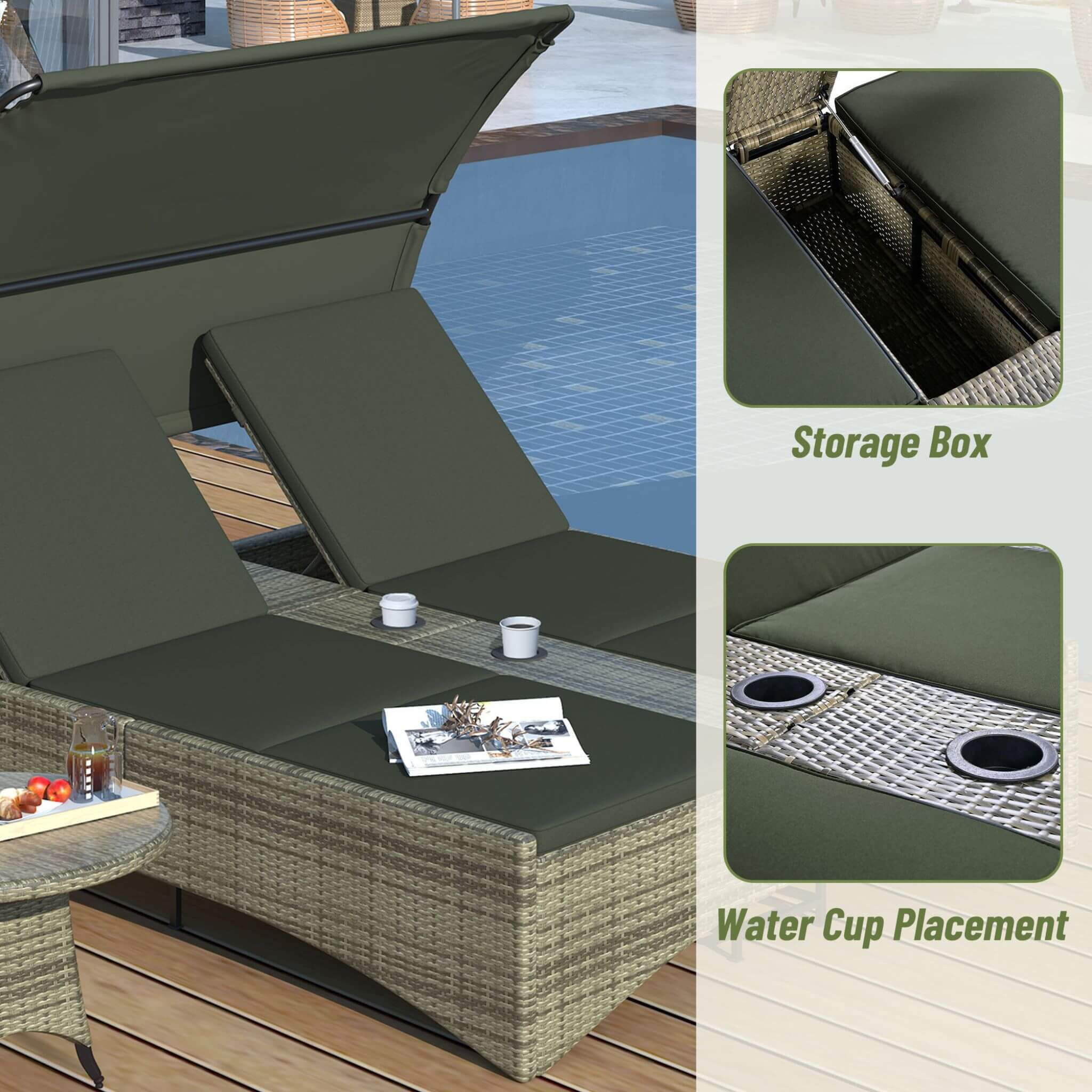 Outdoor Rattan Patio Daybed With Adjustable Backrest, Canopy Roof, Storage Box And Cup Holders (SAK54220) - Energize Trek
