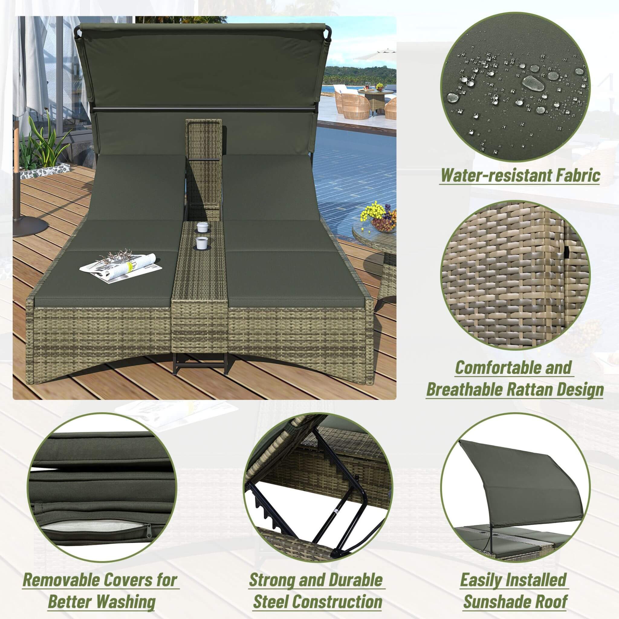 Outdoor Rattan Patio Daybed With Adjustable Backrest, Canopy Roof, Storage Box And Cup Holders (SAK54220) - Energize Trek