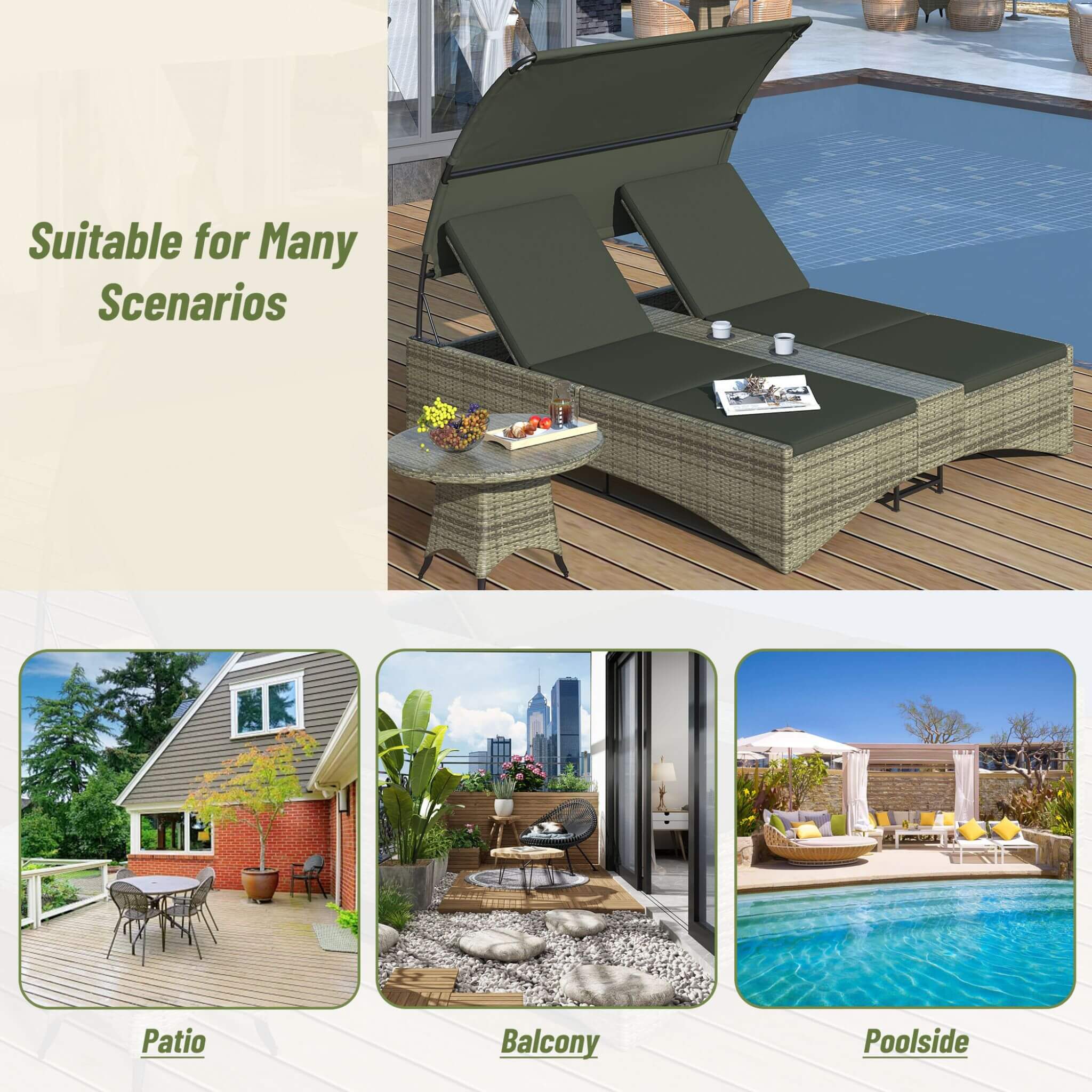 Outdoor Rattan Patio Daybed With Adjustable Backrest, Canopy Roof, Storage Box And Cup Holders (SAK54220) - Energize Trek