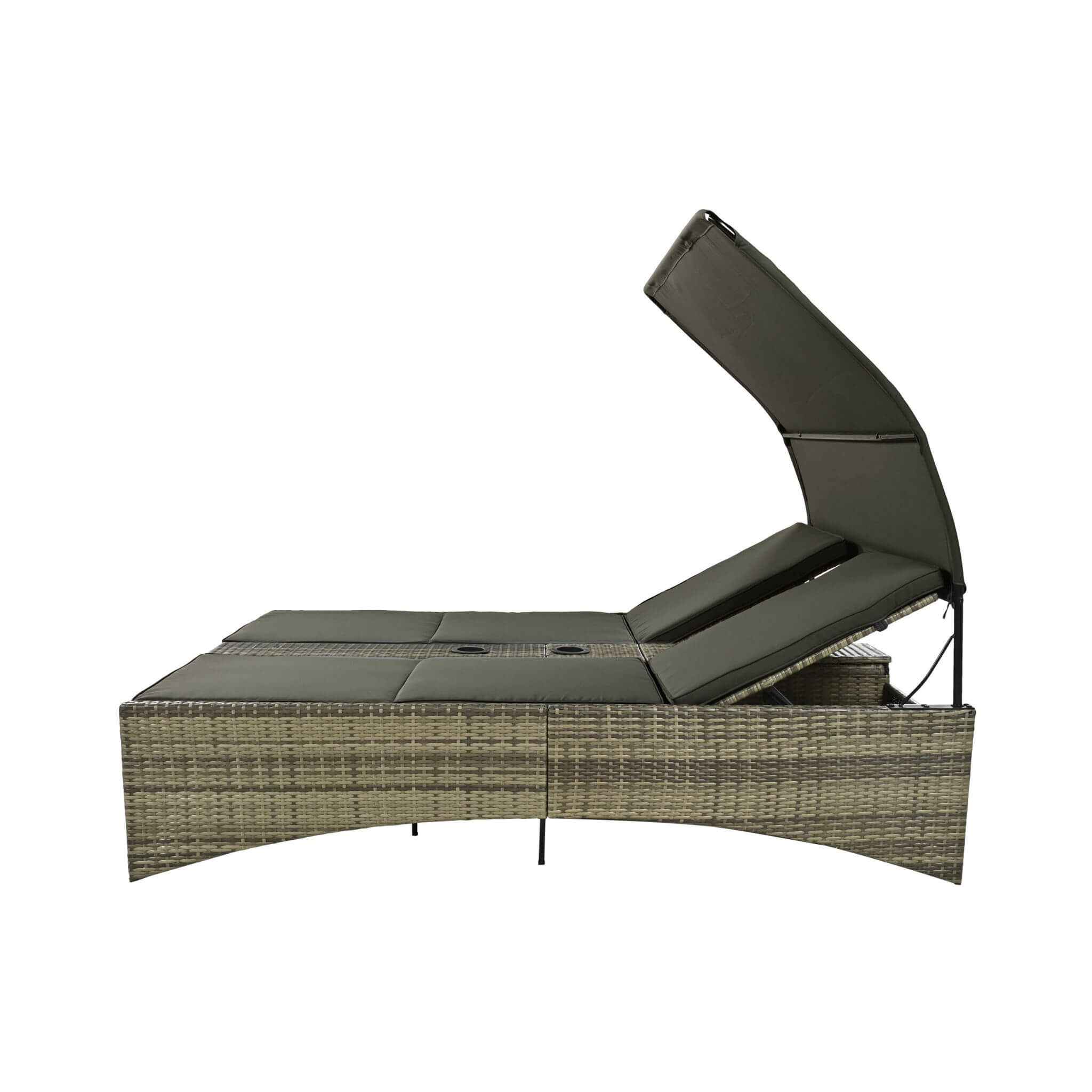 Outdoor Rattan Patio Daybed With Adjustable Backrest, Canopy Roof, Storage Box And Cup Holders (SAK54220) - Energize Trek