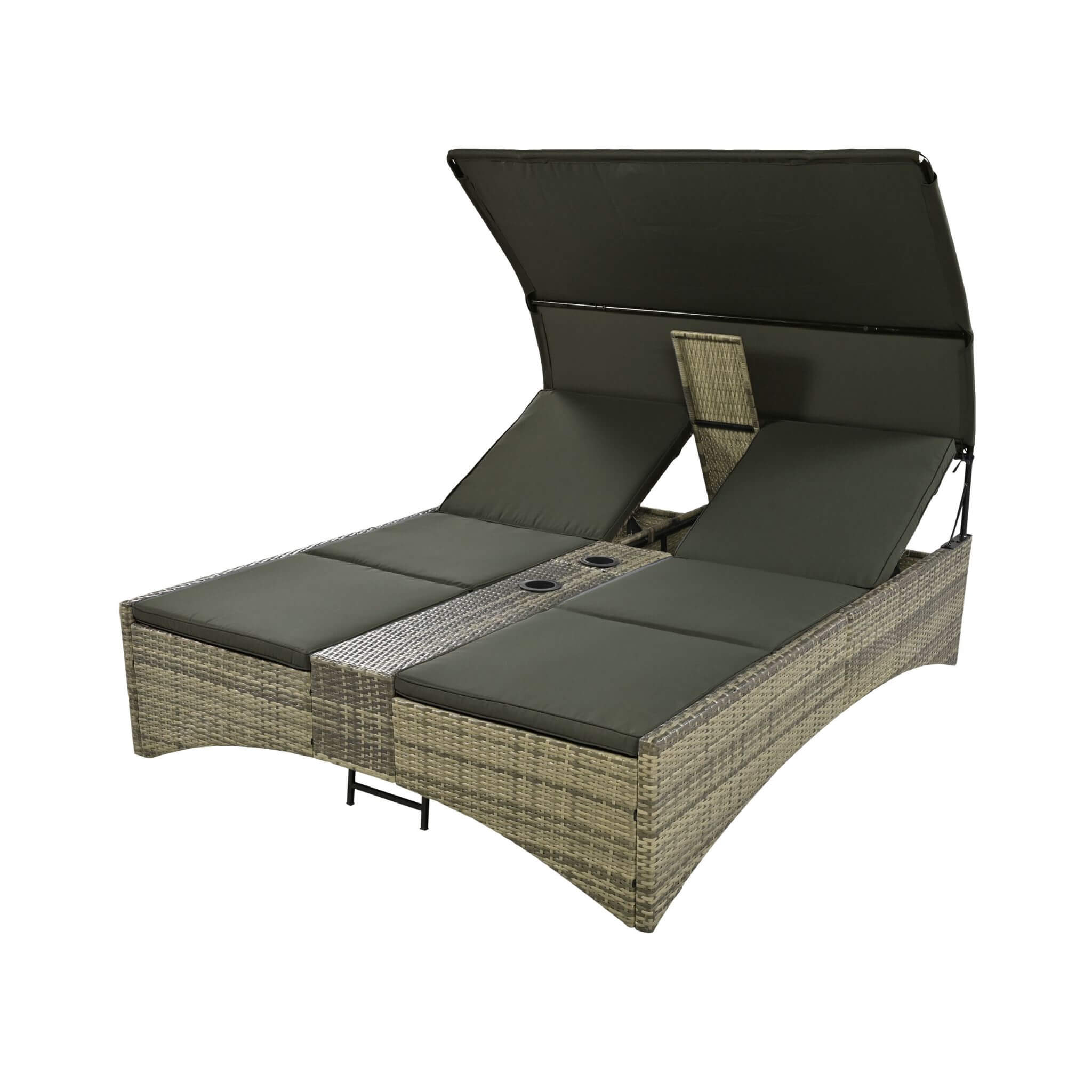 Outdoor Rattan Patio Daybed With Adjustable Backrest, Canopy Roof, Storage Box And Cup Holders (SAK54220) - Energize Trek