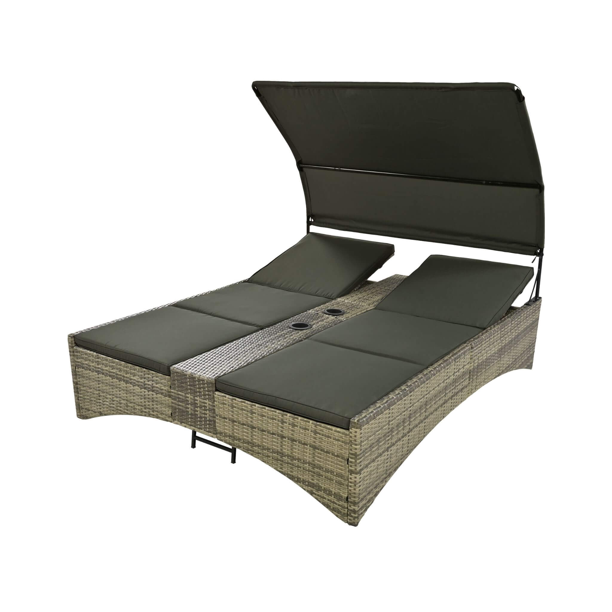 Outdoor Rattan Patio Daybed With Adjustable Backrest, Canopy Roof, Storage Box And Cup Holders (SAK54220) - Energize Trek