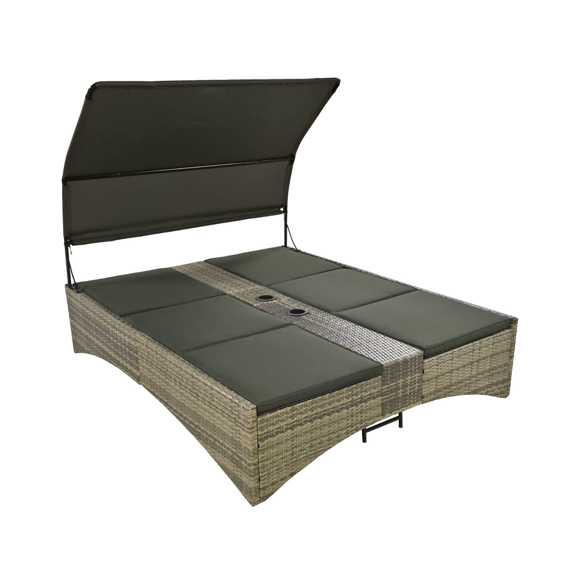 Outdoor Rattan Patio Daybed With Adjustable Backrest, Canopy Roof, Storage Box And Cup Holders (SAK54220) - Energize Trek