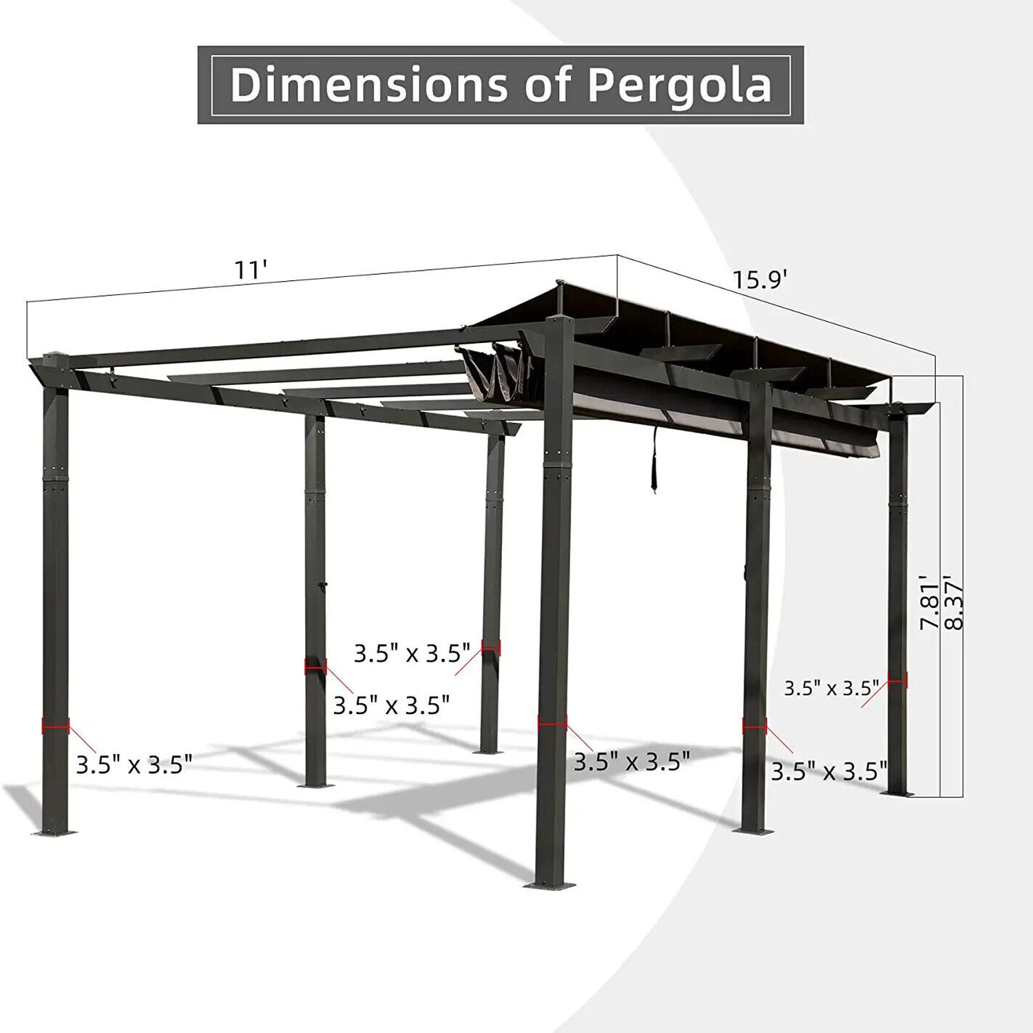 [11x16FT] Outdoor Retractable Backyard Aluminum Metal Pergola Gazebo With Roof (97516804) - Energize Trek
