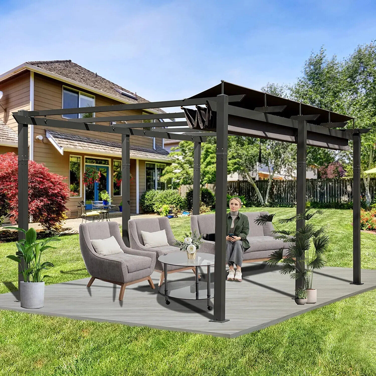 [11x16FT] Outdoor Retractable Backyard Aluminum Metal Pergola Gazebo With Roof (97516804) - Energize Trek