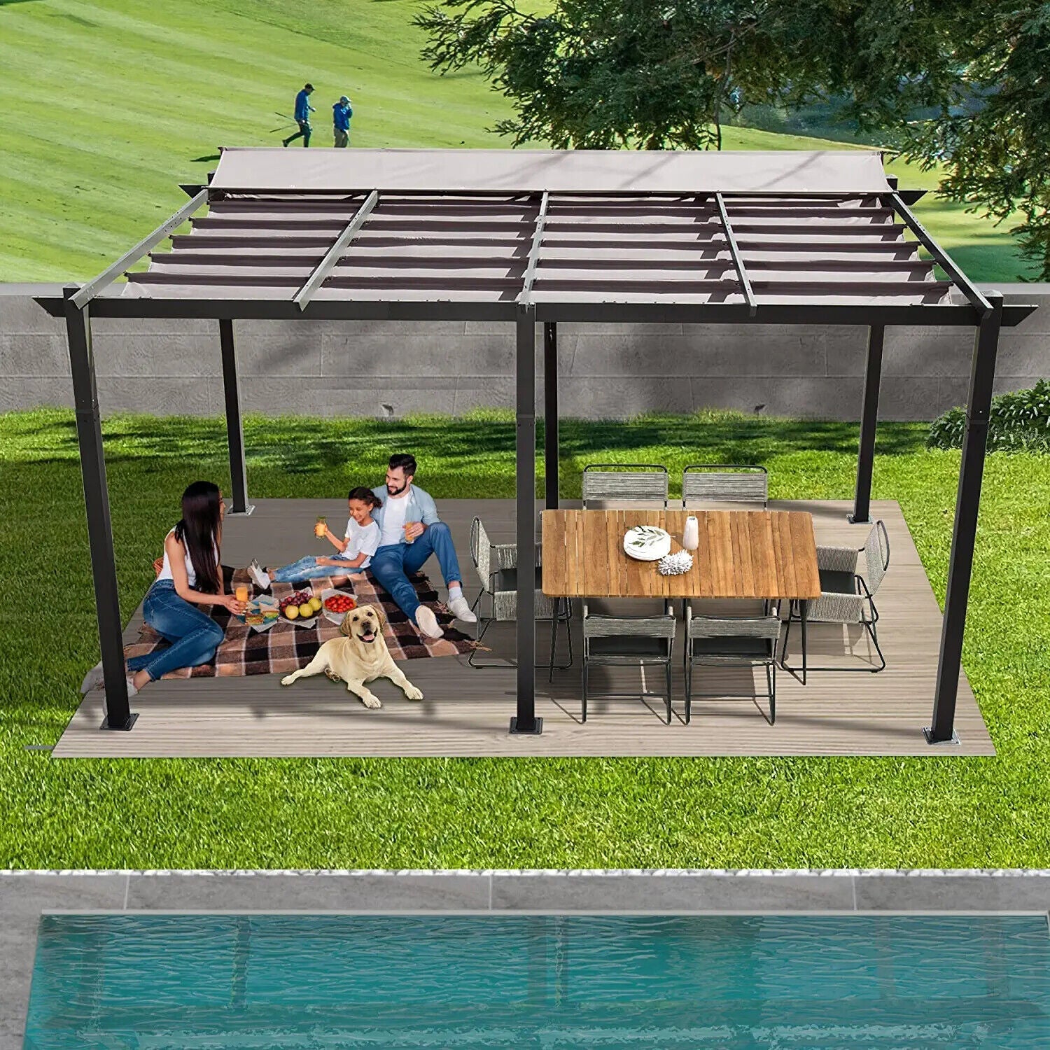 [11x16FT] Outdoor Retractable Backyard Aluminum Metal Pergola Gazebo With Roof (97516804) - Energize Trek