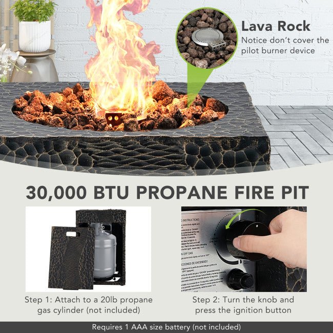 Premium 16FT Square Outdoor Propane Fire Pit W/ Lava Rocks Waterproof Cover, 30,000 BTU (93195268) - Energize Trek