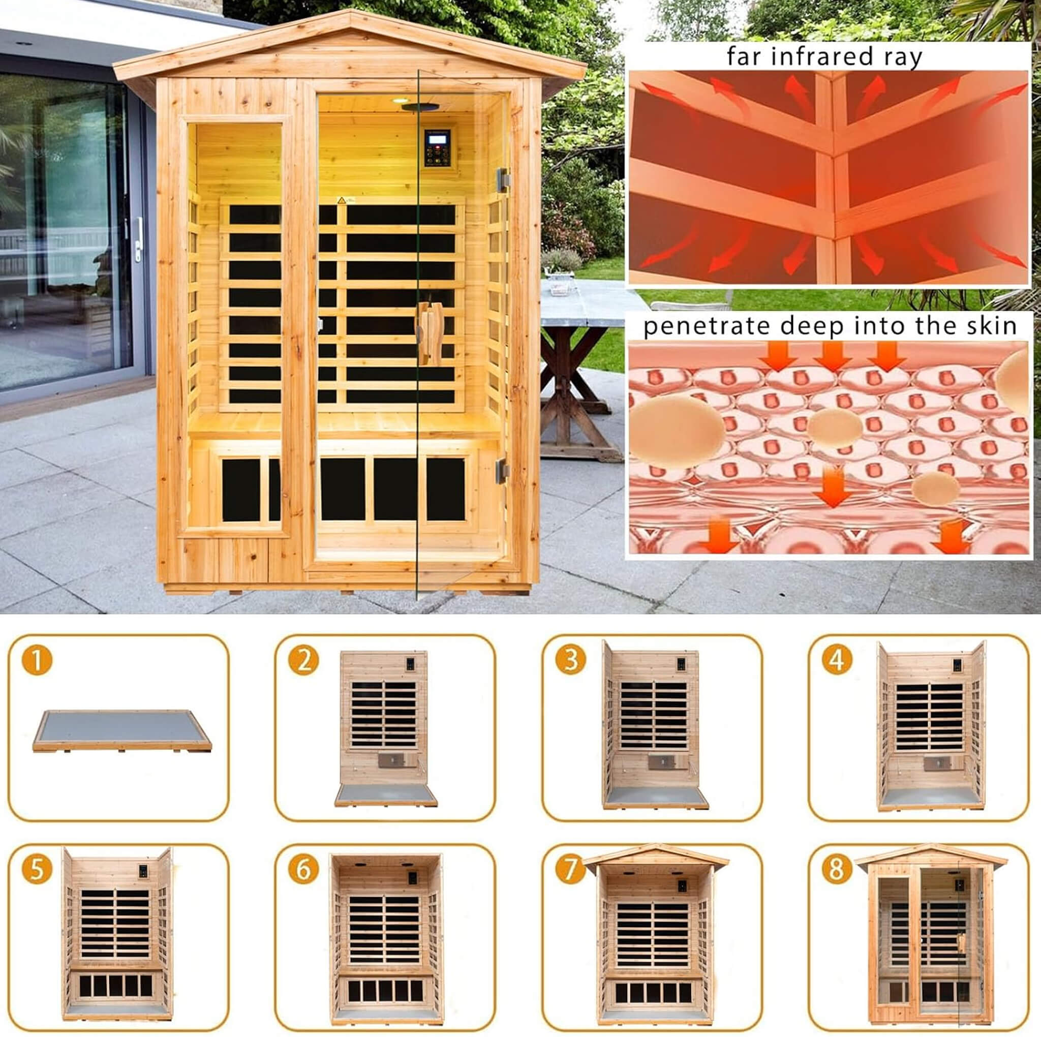 Premium 2-Person Indoor Outdoor Low EMF FAR-Infrared Hemlock Wood Personal Home Sauna Spa, 1750W (SAK27451) - Energize Trek