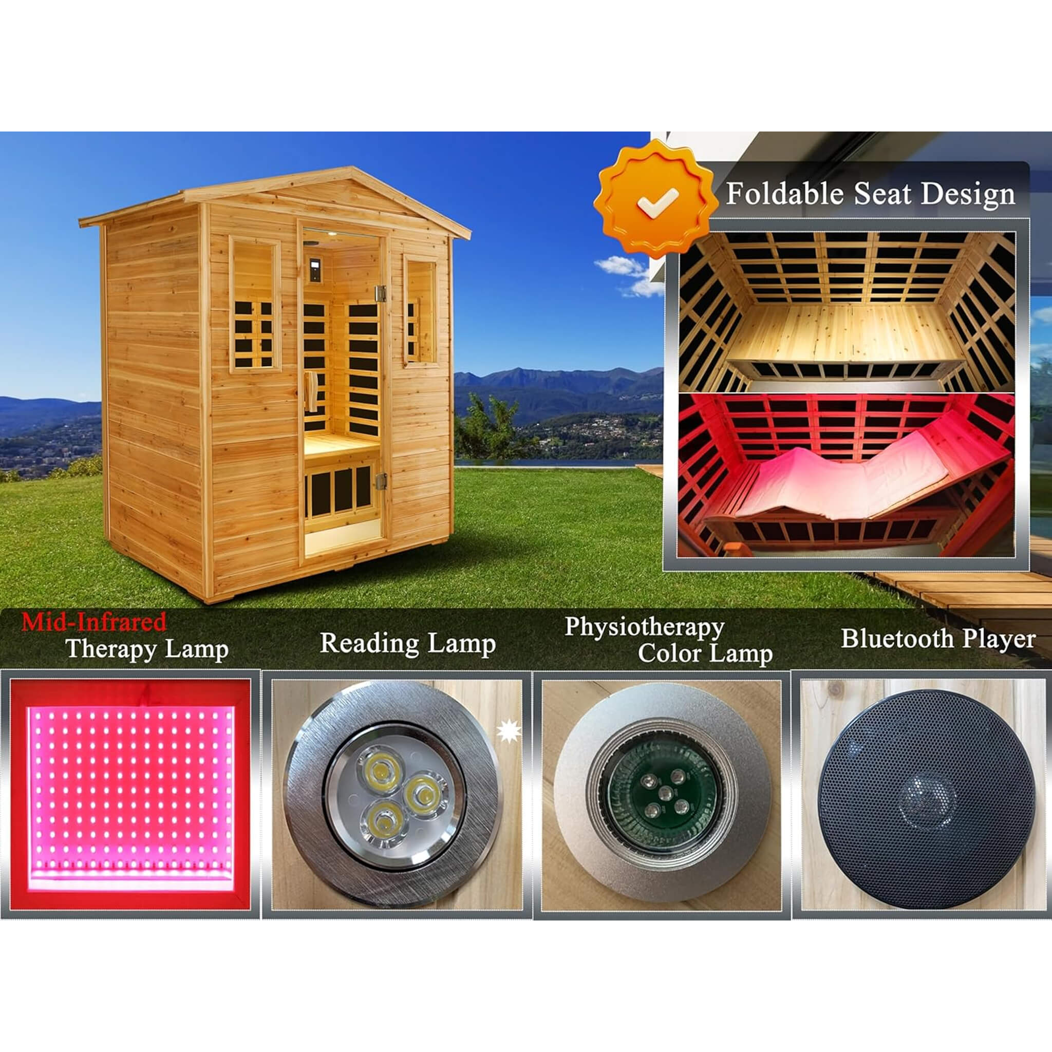 Deluxe 3-Person Outdoor Full Spectrum Low EMF Infrared Home Sauna With Bluetooth Speakers And LED Reading Light (SAK14098) - Energize Trek