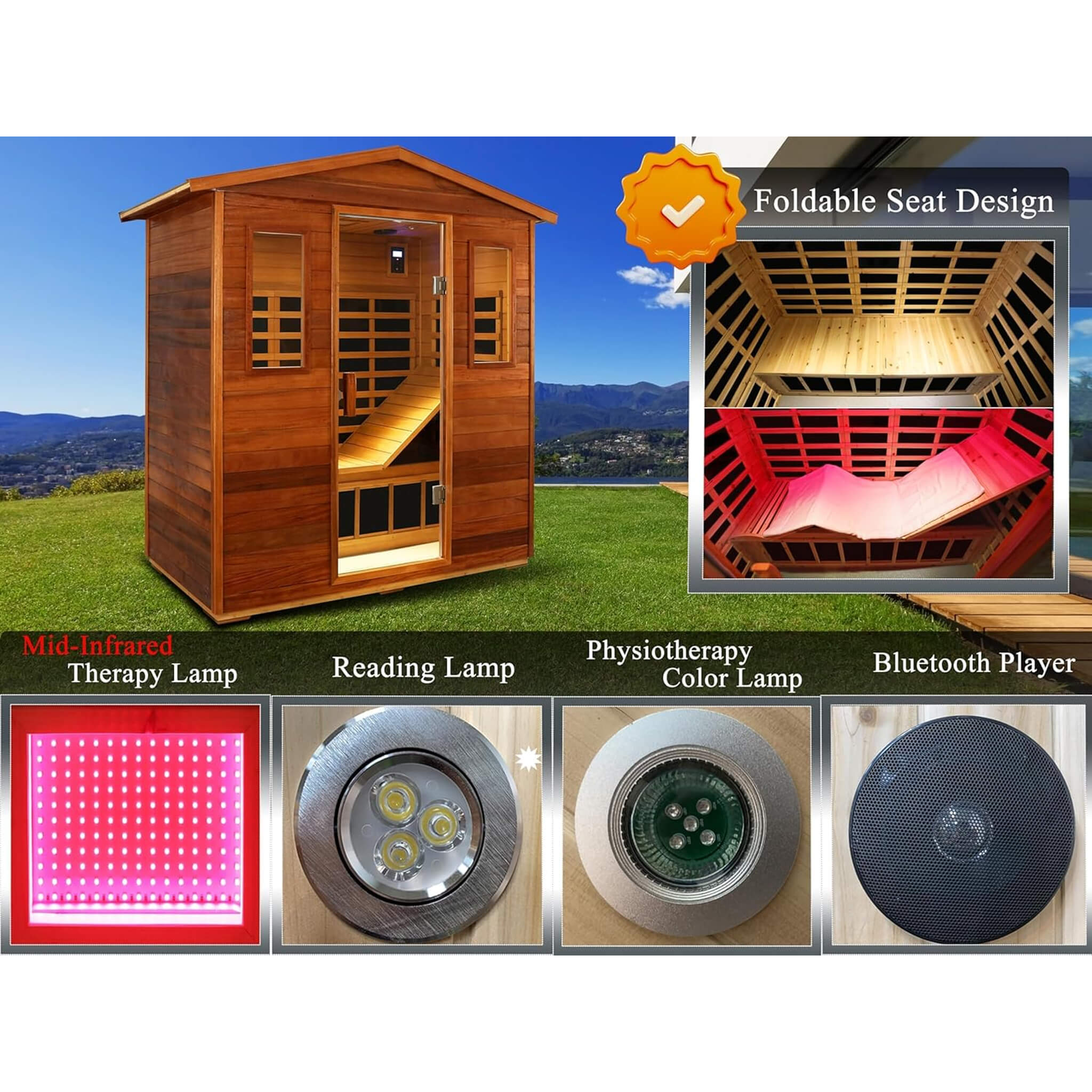 Luxury 3-Person Outdoor Mahogany Full Spectrum Ultra-Low EMF FAR Infrared Sauna With Chromotherapy And Bluetooth Speakers (SAK83460) - Energize Trek