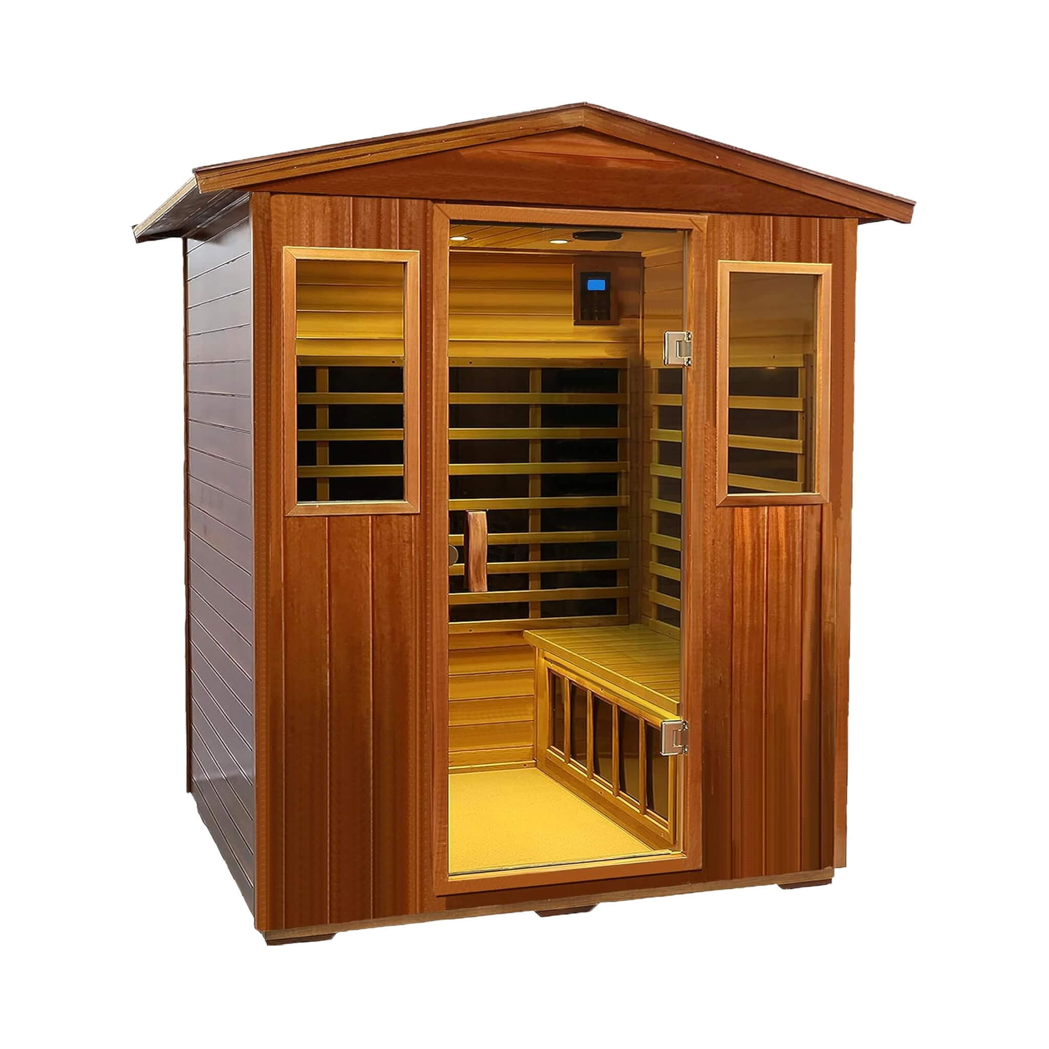 Deluxe 4-Person Outdoor Mahogany Full Spectrum Ultra-Low EMF FAR Infrared Sauna With Chromotherapy And Bluetooth Speakers (SAK98263) - Energize Trek