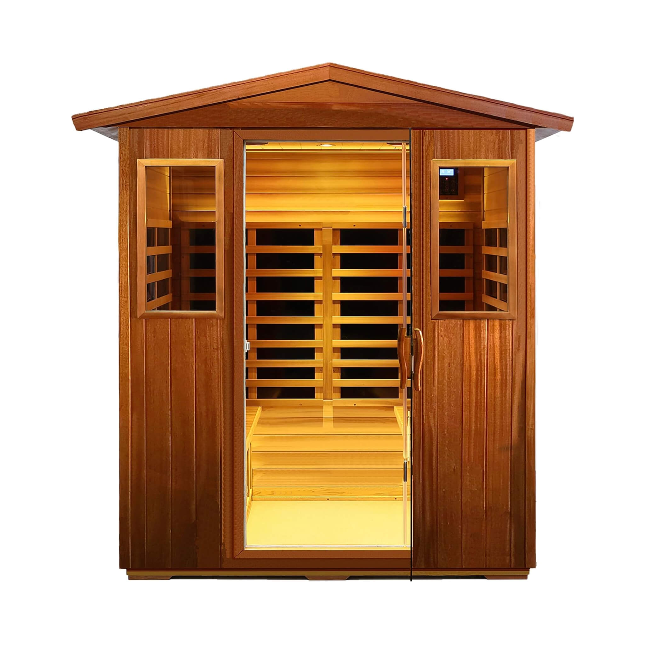 Deluxe 4-Person Outdoor Mahogany Full Spectrum Ultra-Low EMF FAR Infrared Sauna With Chromotherapy And Bluetooth Speakers (SAK98263) - Energize Trek