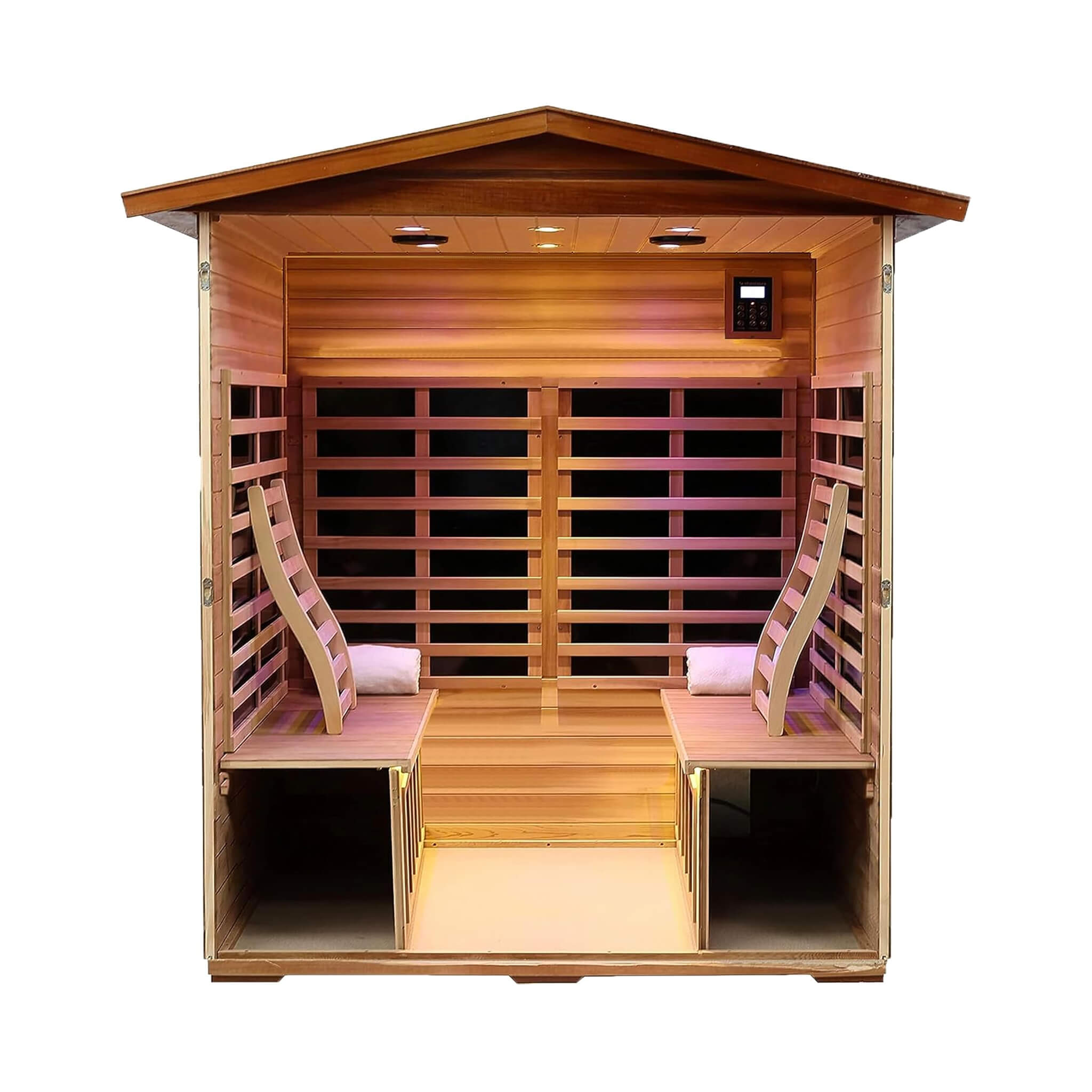 Deluxe 4-Person Outdoor Mahogany Full Spectrum Ultra-Low EMF FAR Infrared Sauna With Chromotherapy And Bluetooth Speakers (SAK98263) - Energize Trek