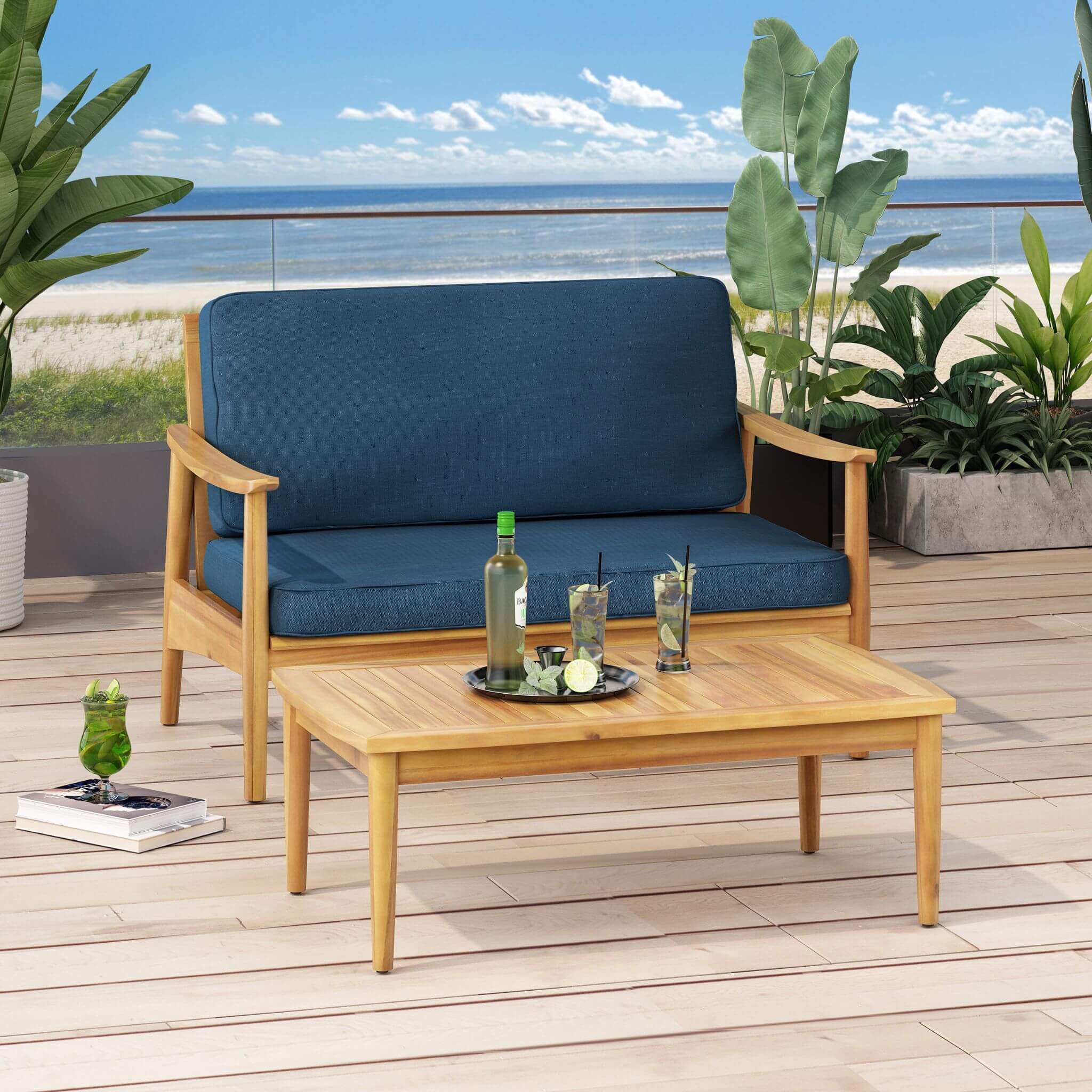 Premium 4-Piece Wooden Outdoor Patio Conversation Seating Set With Cushions (SAK31469) - Energize Trek